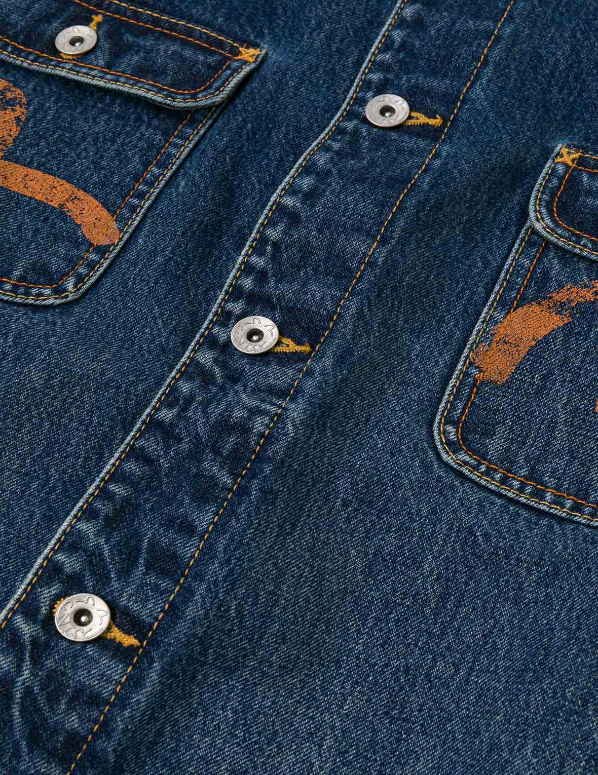 Distressed Seagull Print and Frayed Logo Patch Embroidery Relax Fit Denim Jacket