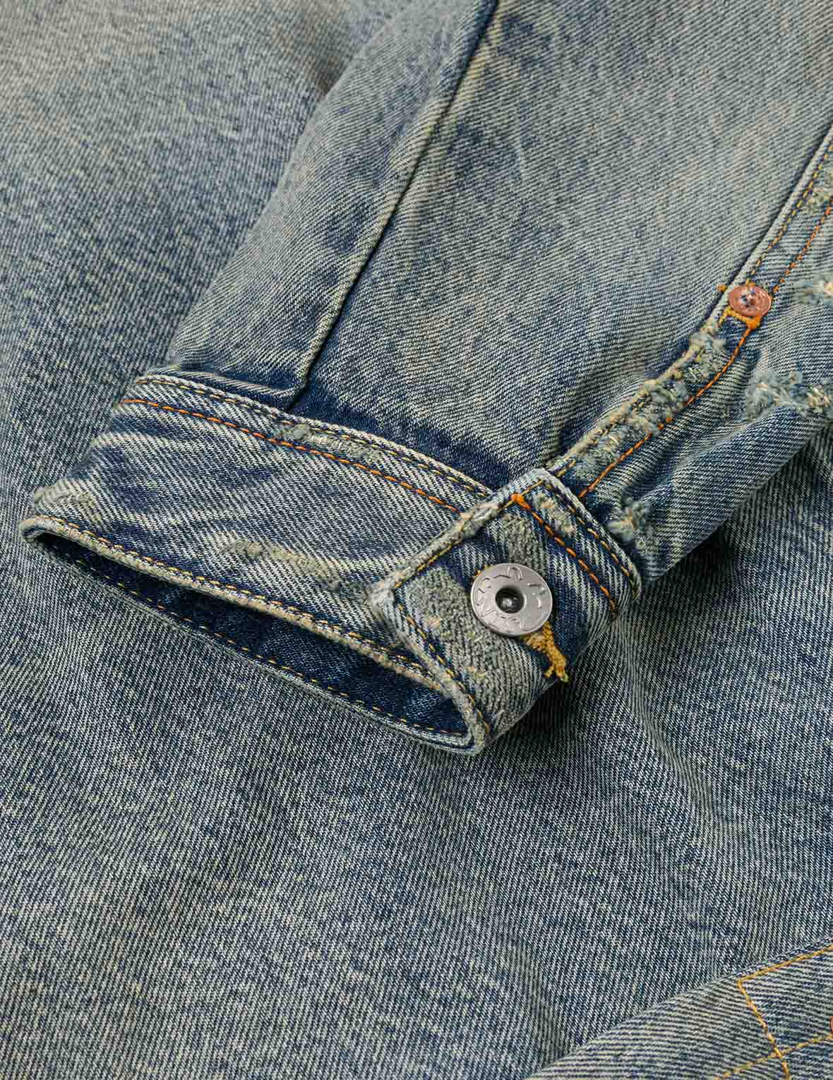 Distressed Seagull Print and Frayed Logo Patch Embroidery Relax Fit Denim Jacket