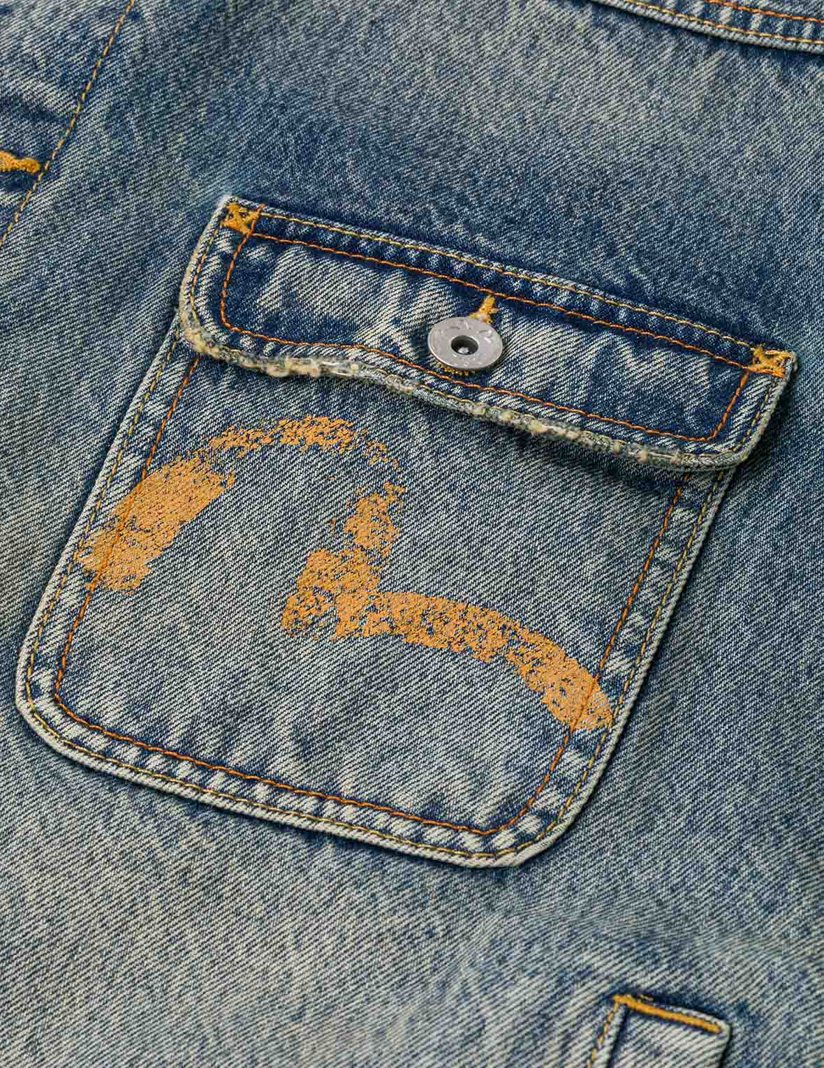 Distressed Seagull Print and Frayed Logo Patch Embroidery Relax Fit Denim Jacket