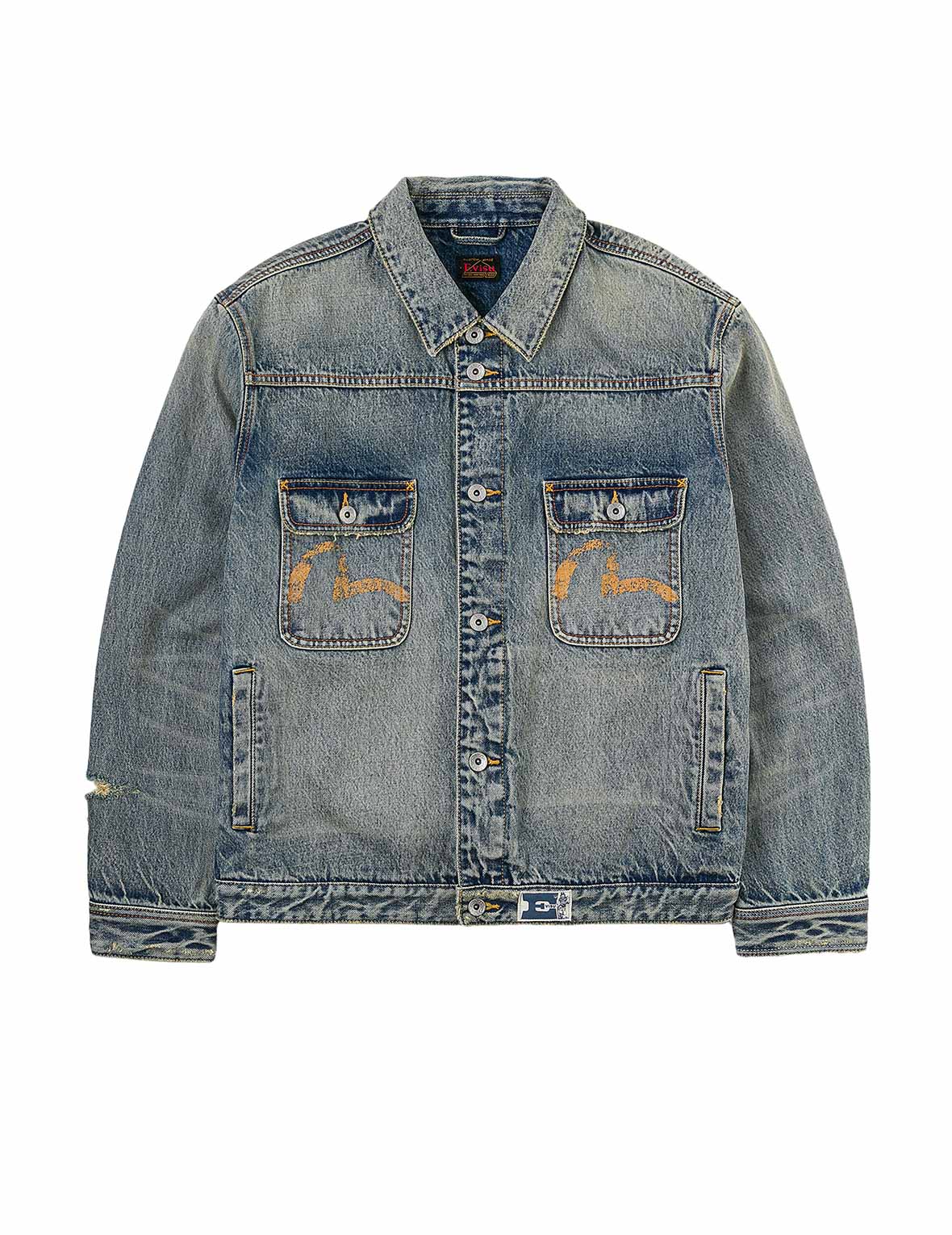 Distressed Seagull Print and Frayed Logo Patch Embroidery Relax Fit Denim Jacket