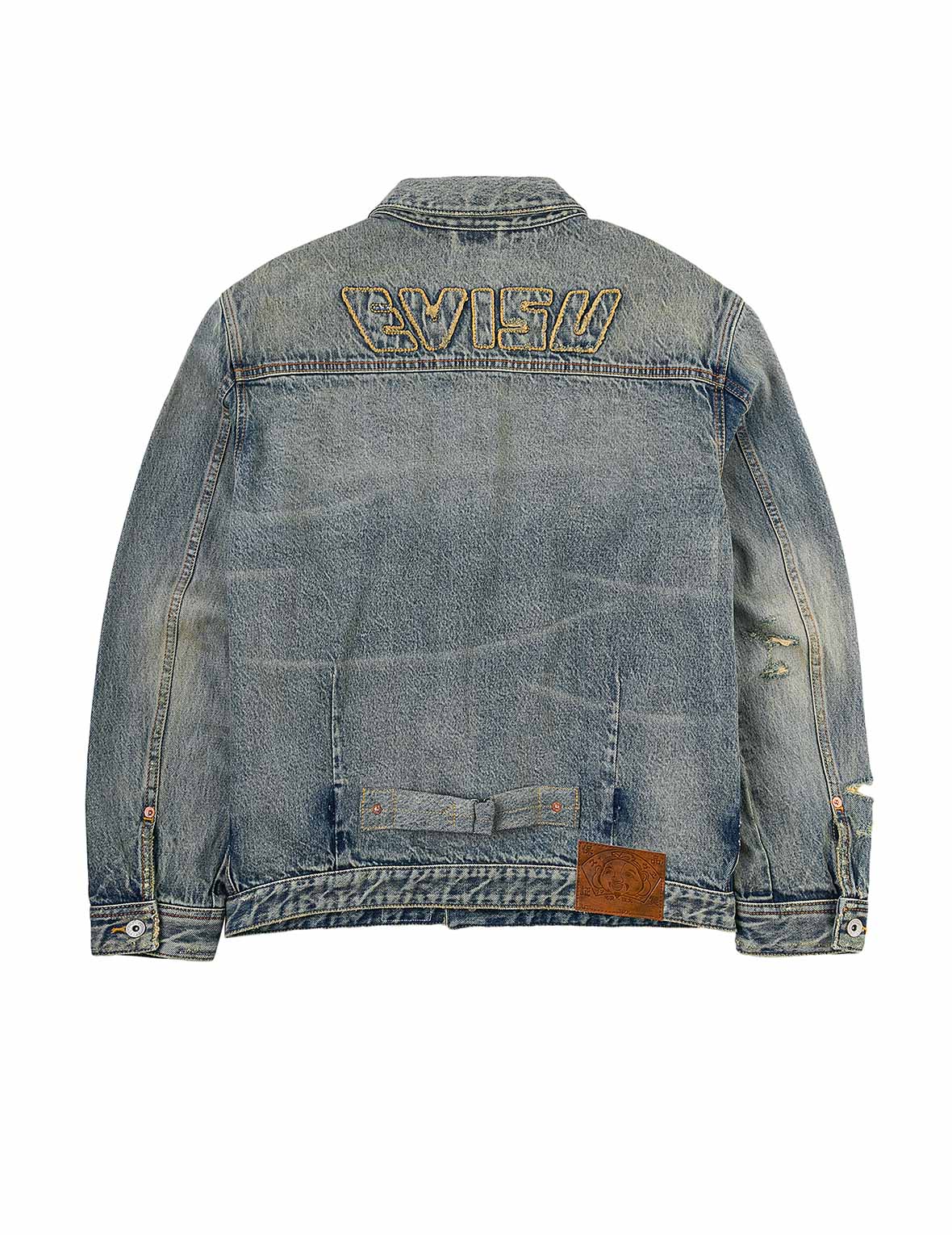 Distressed Seagull Print and Frayed Logo Patch Embroidery Relax Fit Denim Jacket