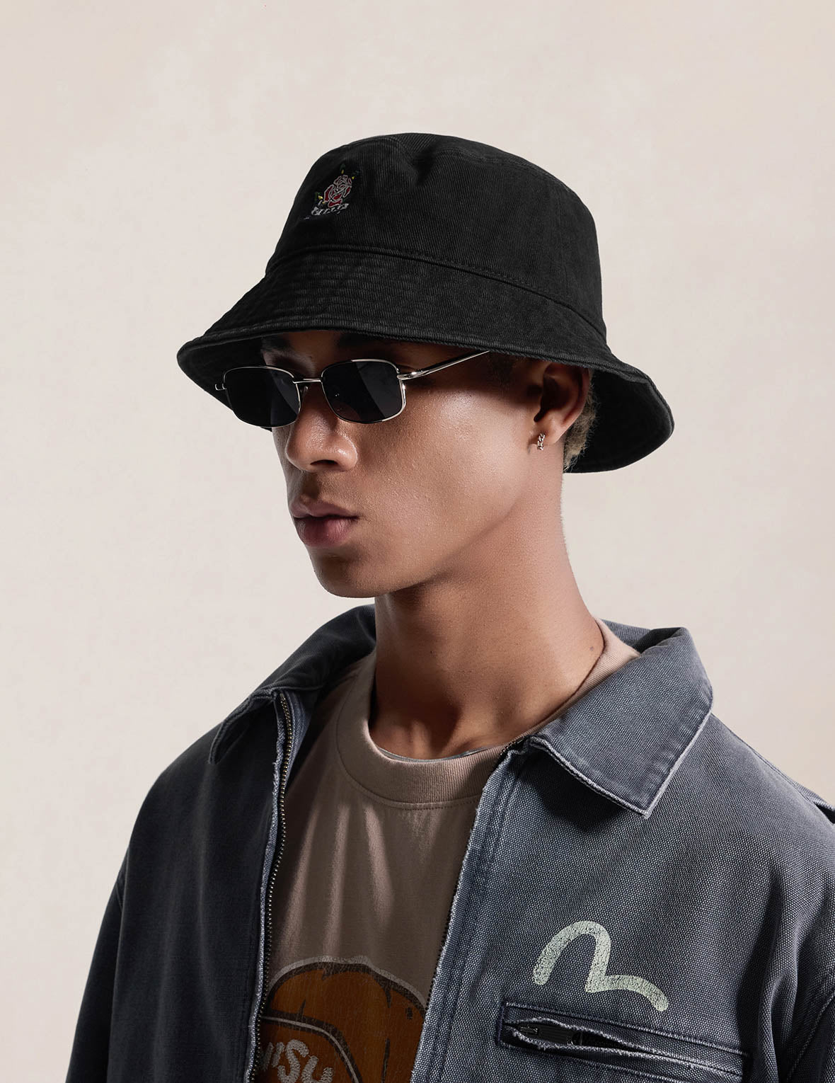 Rose Embroidery Denim Bucket Hat