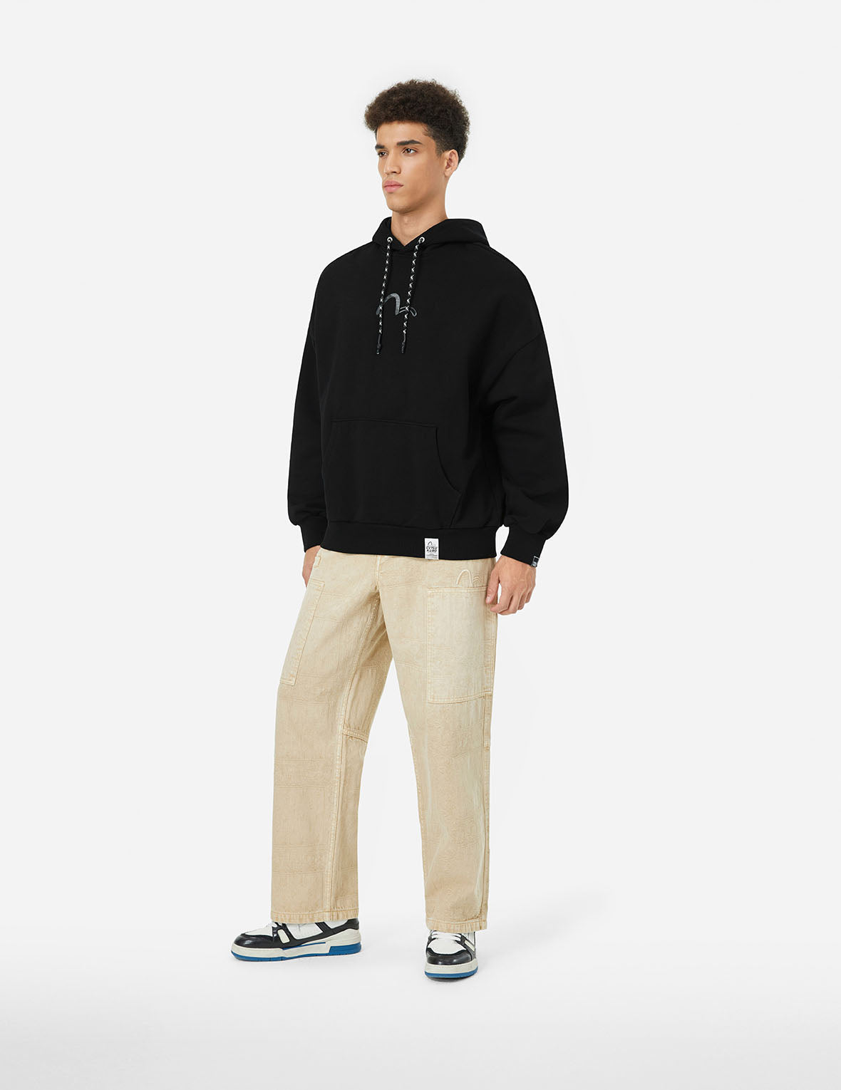 Sashiko Embroidery Appliqué and Seagull Print Oversized Hoodie