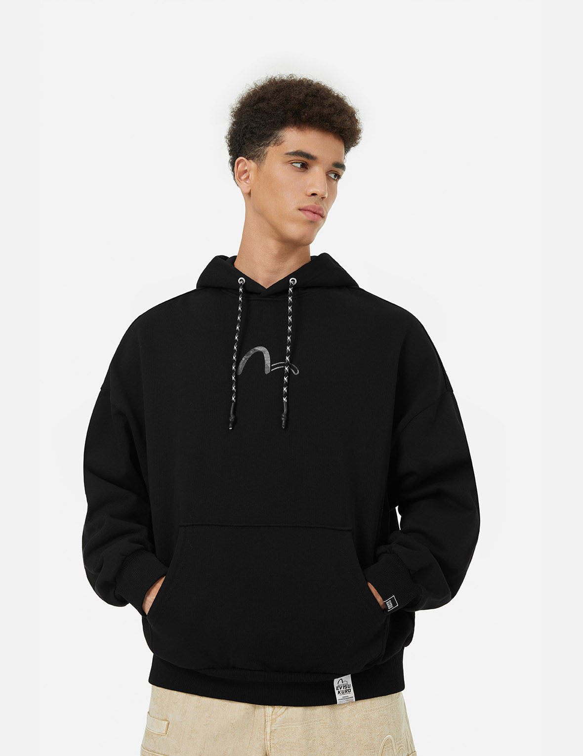 Sashiko Embroidery Appliqué and Seagull Print Oversized Hoodie