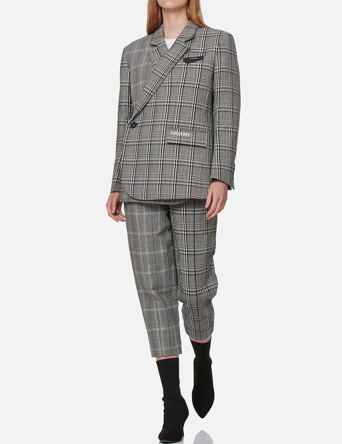 格纹裹身式西服外套