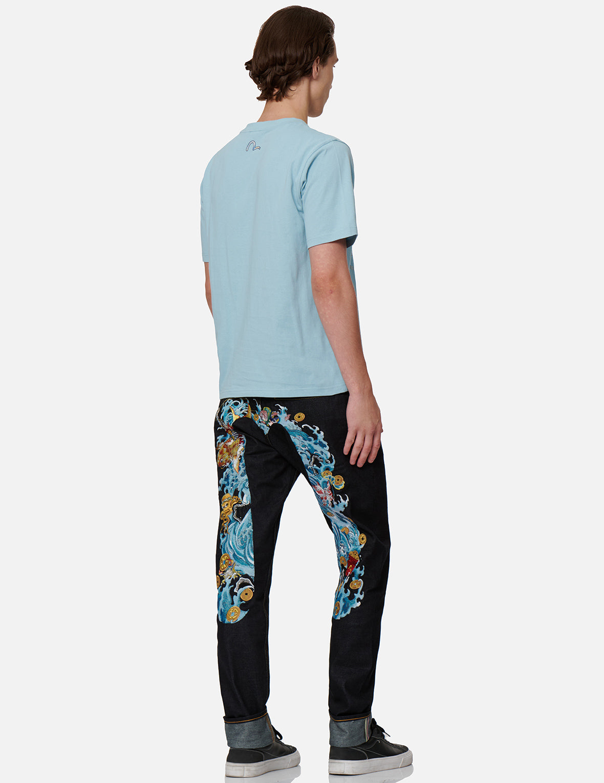 “The God of Fortune Riding Waves” Daicock Embroidery Carrot-Fit Jeans #2017