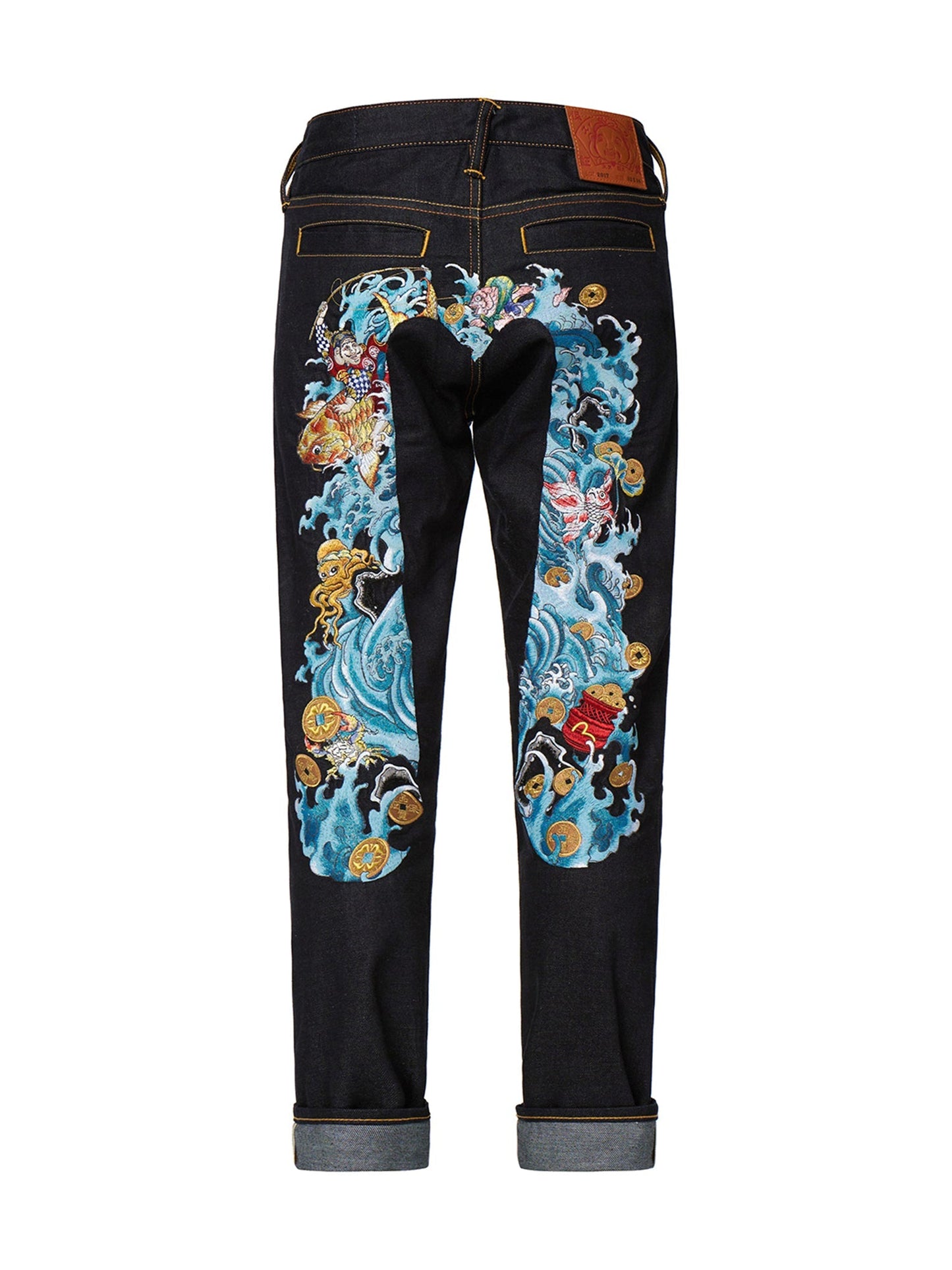 “The God of Fortune Riding Waves” Daicock Embroidery Carrot-Fit Jeans #2017