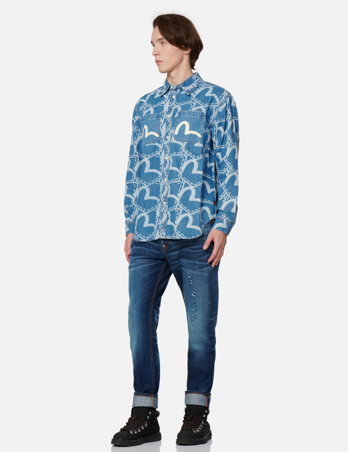 Allover Pocket Graphic Print Denim Shirt