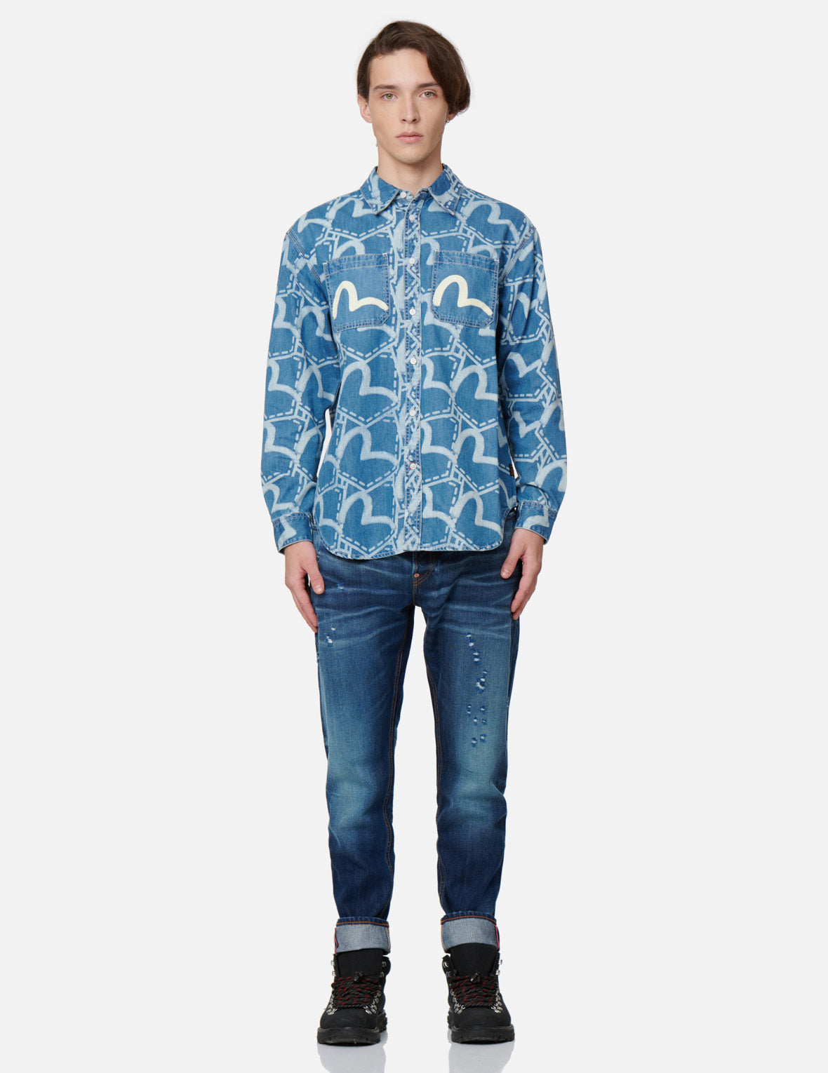Allover Pocket Graphic Print Denim Shirt