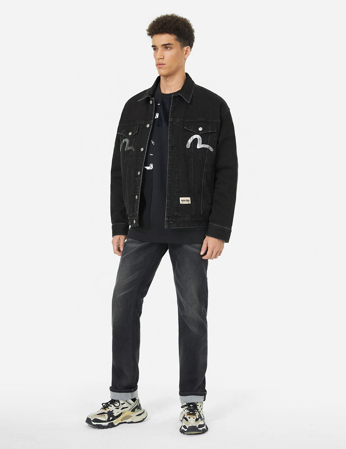 Graffiti-Style Daicock Print Loose Fit Denim Jacket