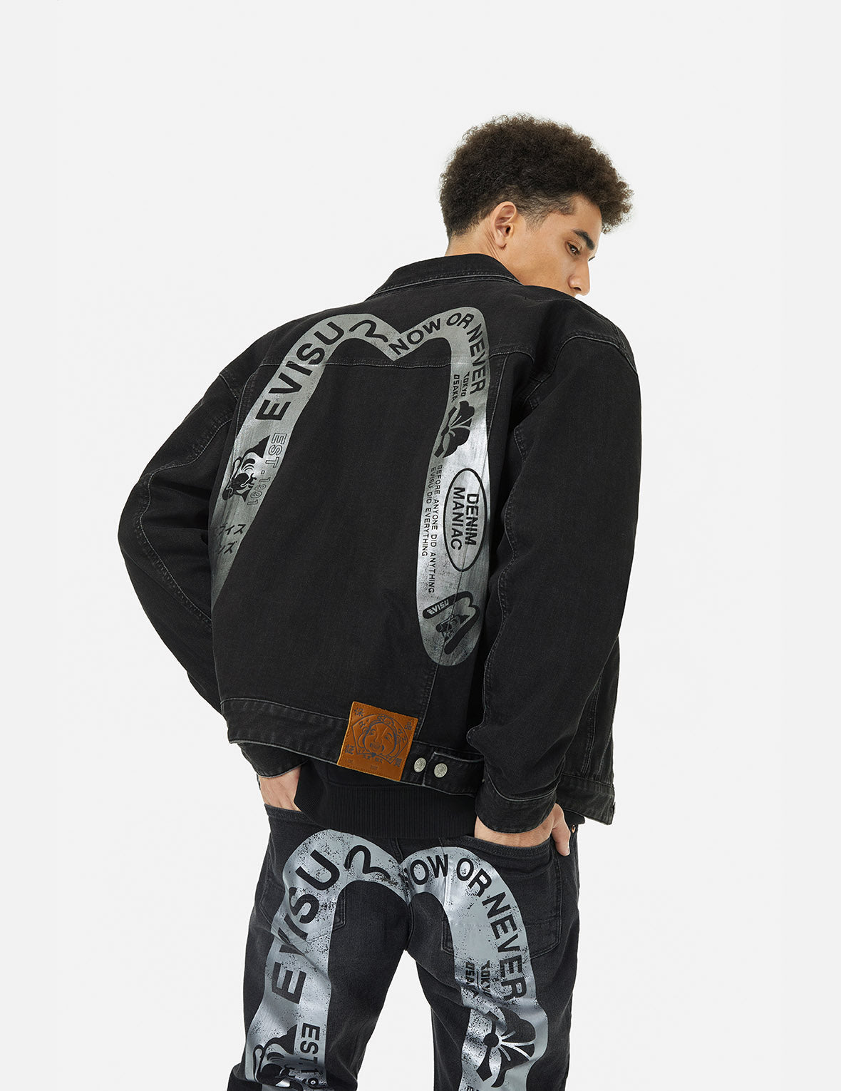Graffiti-Style Daicock Print Loose Fit Denim Jacket