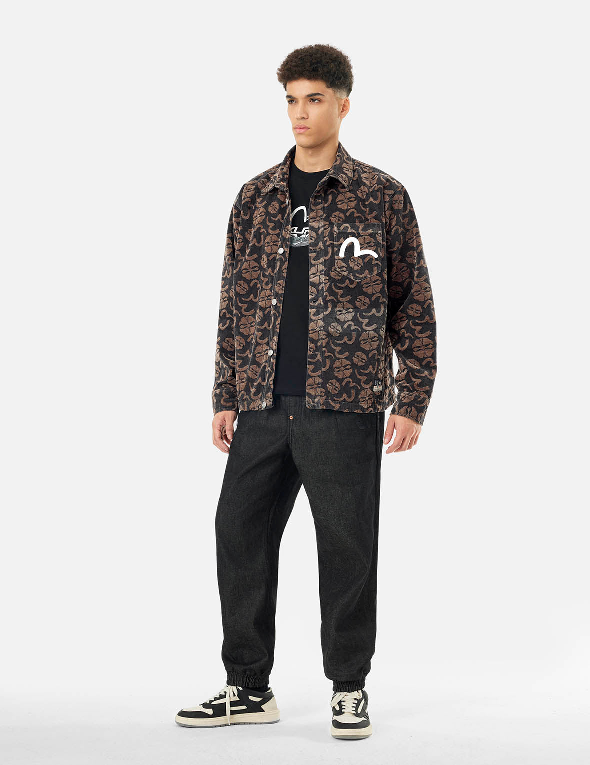 Allover Seagull and Kamon Jacquard Loose Fit Shirt Jacket