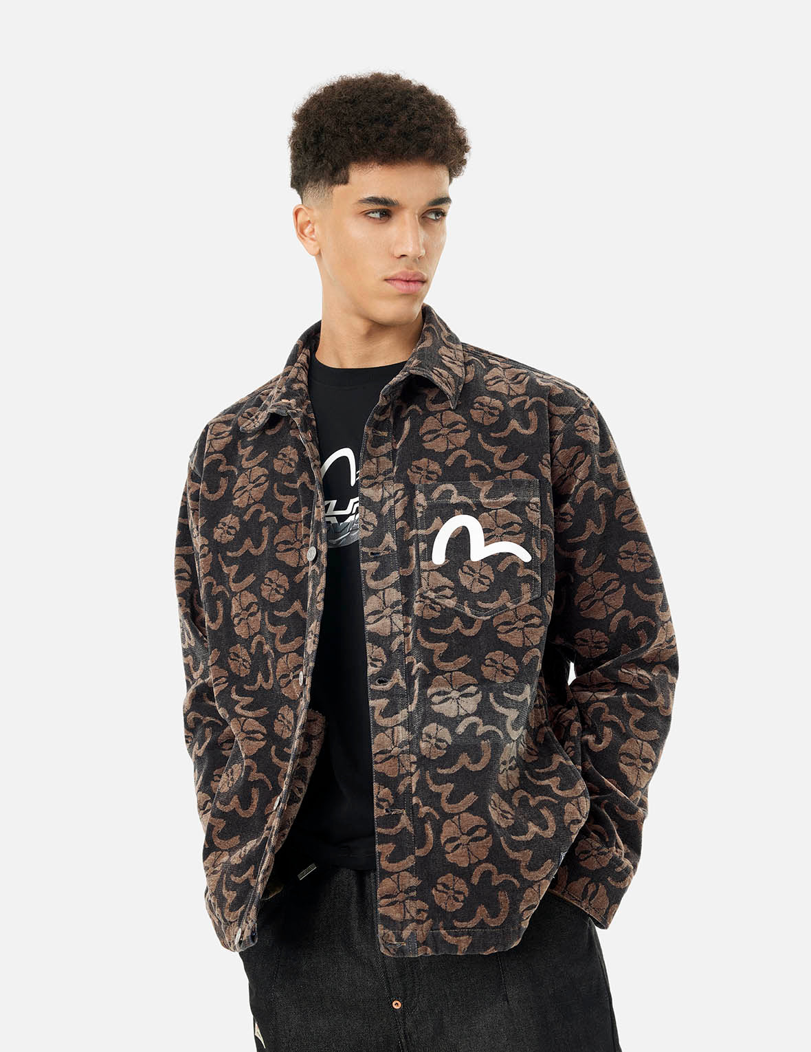 Allover Seagull and Kamon Jacquard Loose Fit Shirt Jacket