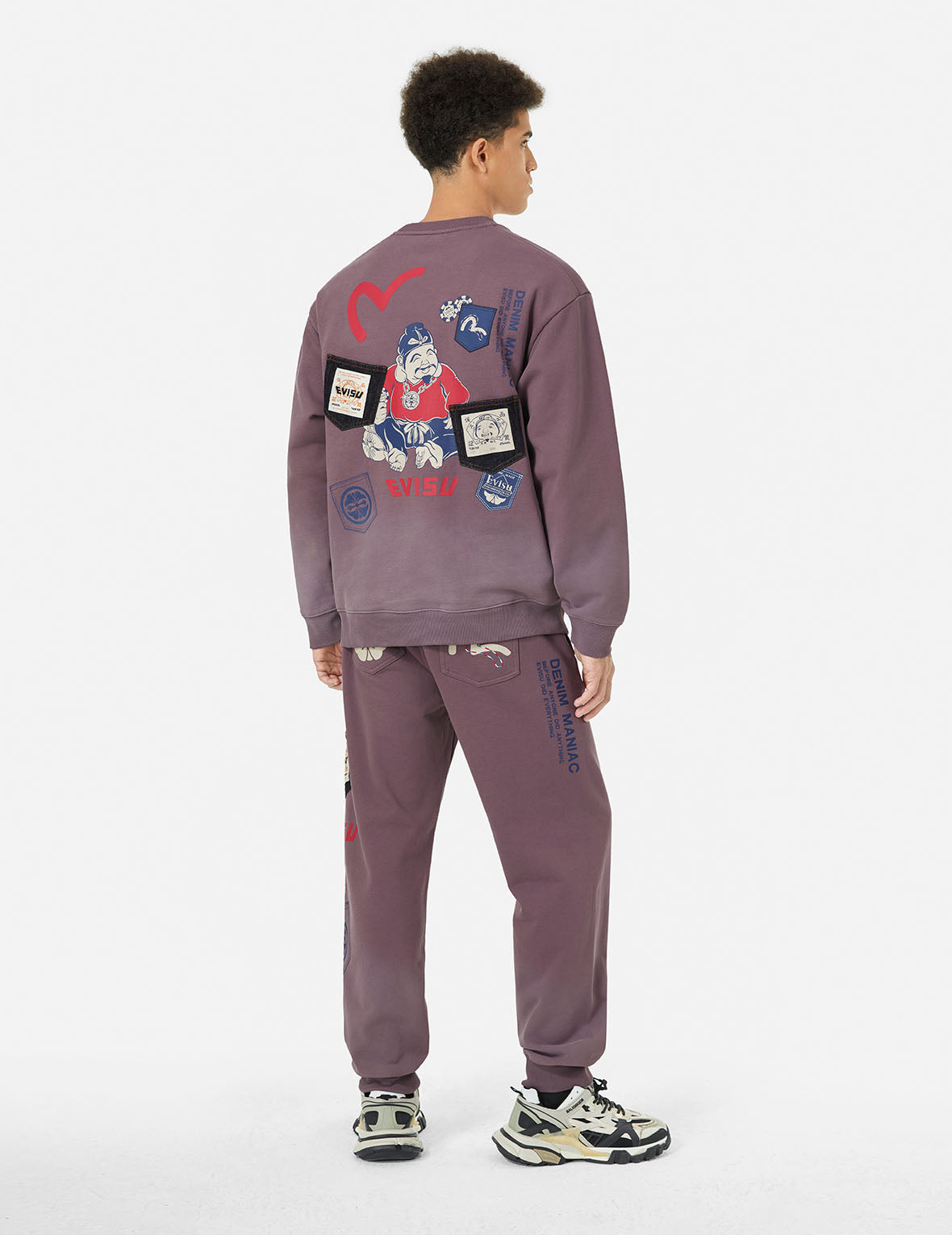 Washed Multi-pocket and Logos Print Straight Fit Sweatpants