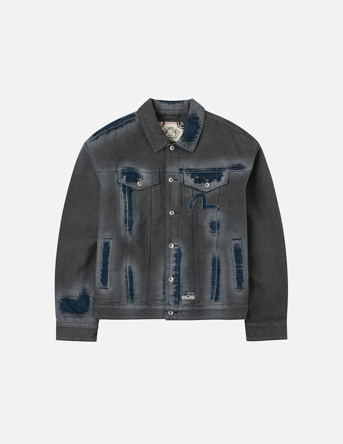 Distressed Seagull and Logo Print Relax Fit Washed Denim Jacket