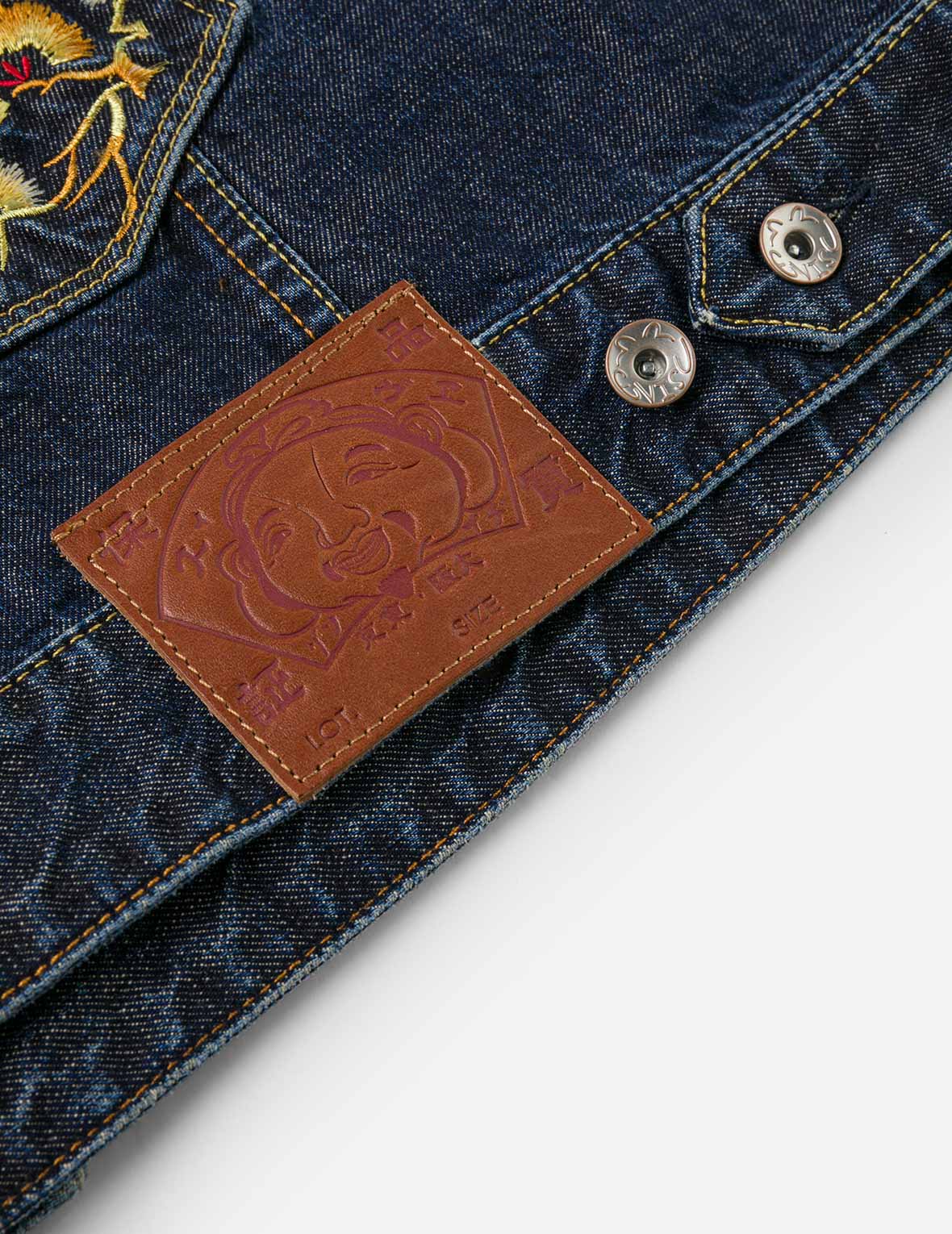 Washed Multi-Pocket with Lion Dance Print Relax Fit Denim Jacket