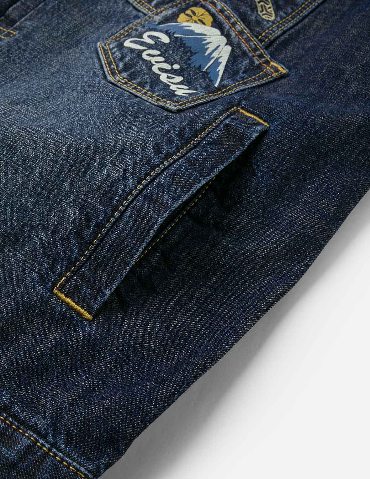 Washed Multi-Pocket with Lion Dance Print Relax Fit Denim Jacket
