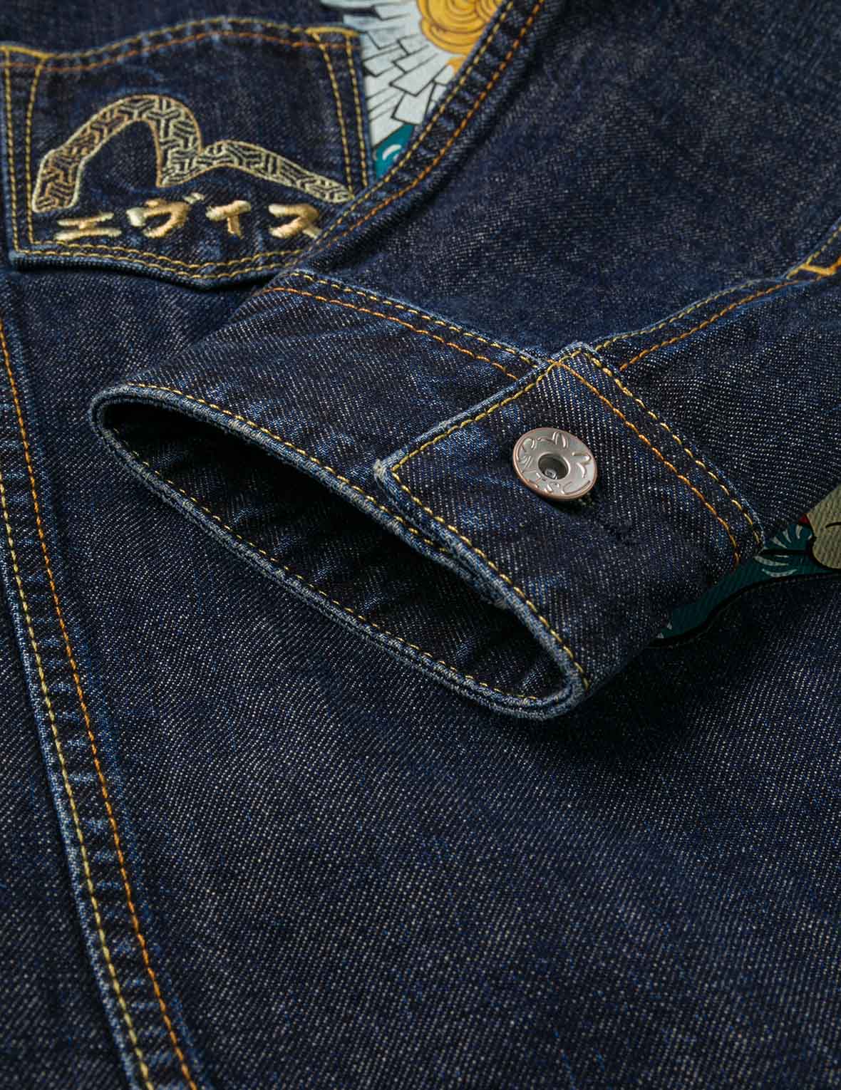 Washed Multi-Pocket with Lion Dance Print Relax Fit Denim Jacket