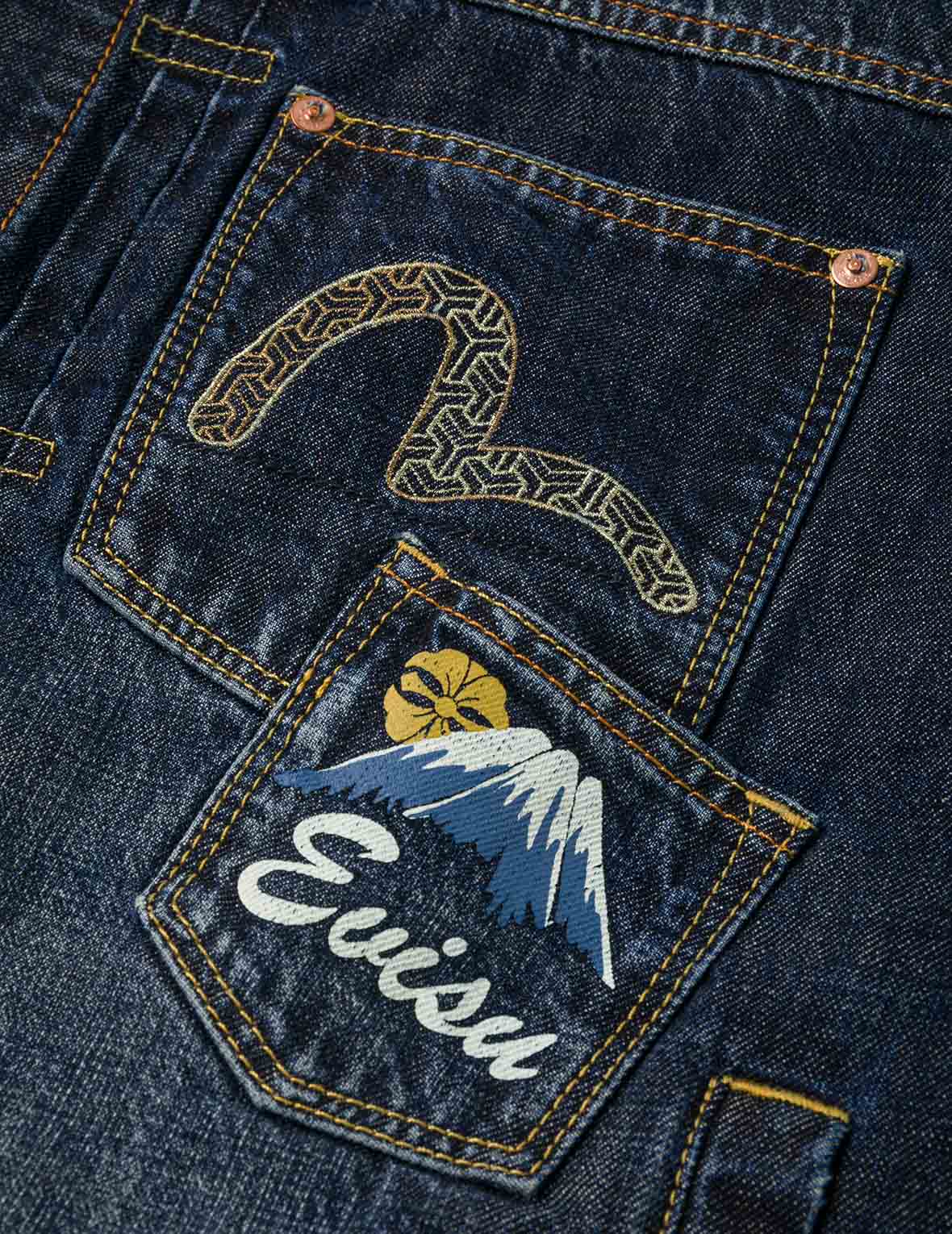 Washed Multi-Pocket with Lion Dance Print Relax Fit Denim Jacket