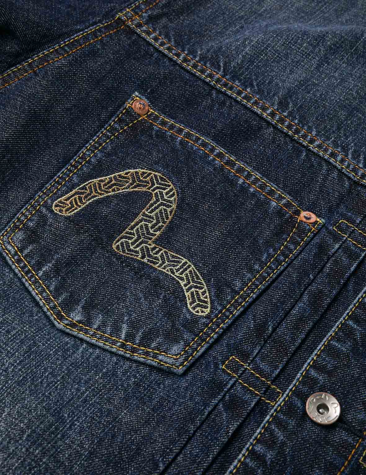 Washed Multi-Pocket with Lion Dance Print Relax Fit Denim Jacket