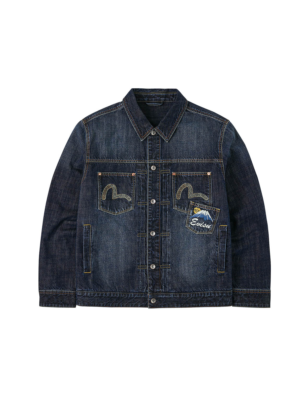 Washed Multi-Pocket with Lion Dance Print Relax Fit Denim Jacket