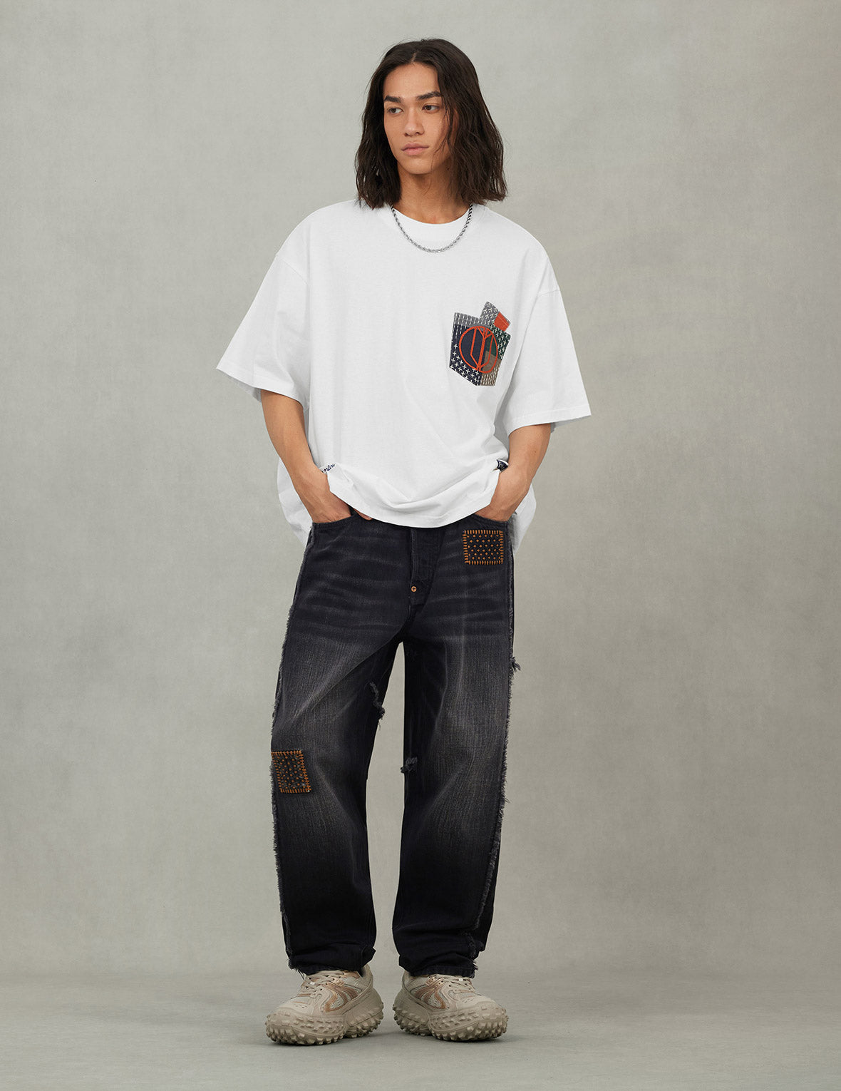 Washed Deconstructed Sashiko Relax Straight Fit Jeans #2030