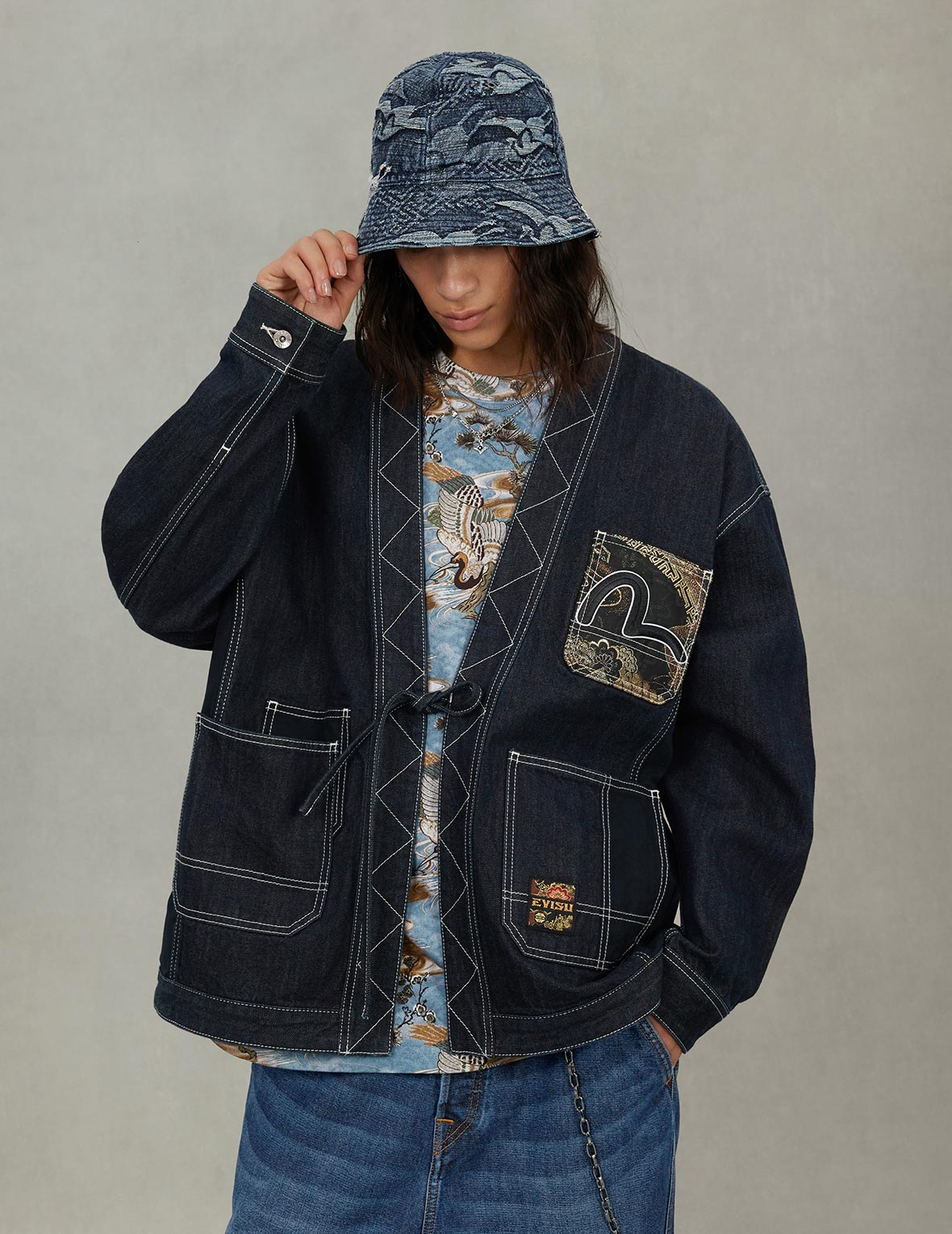 Multi-Pocket with Brocade Patch Relax Fit Denim Kimono