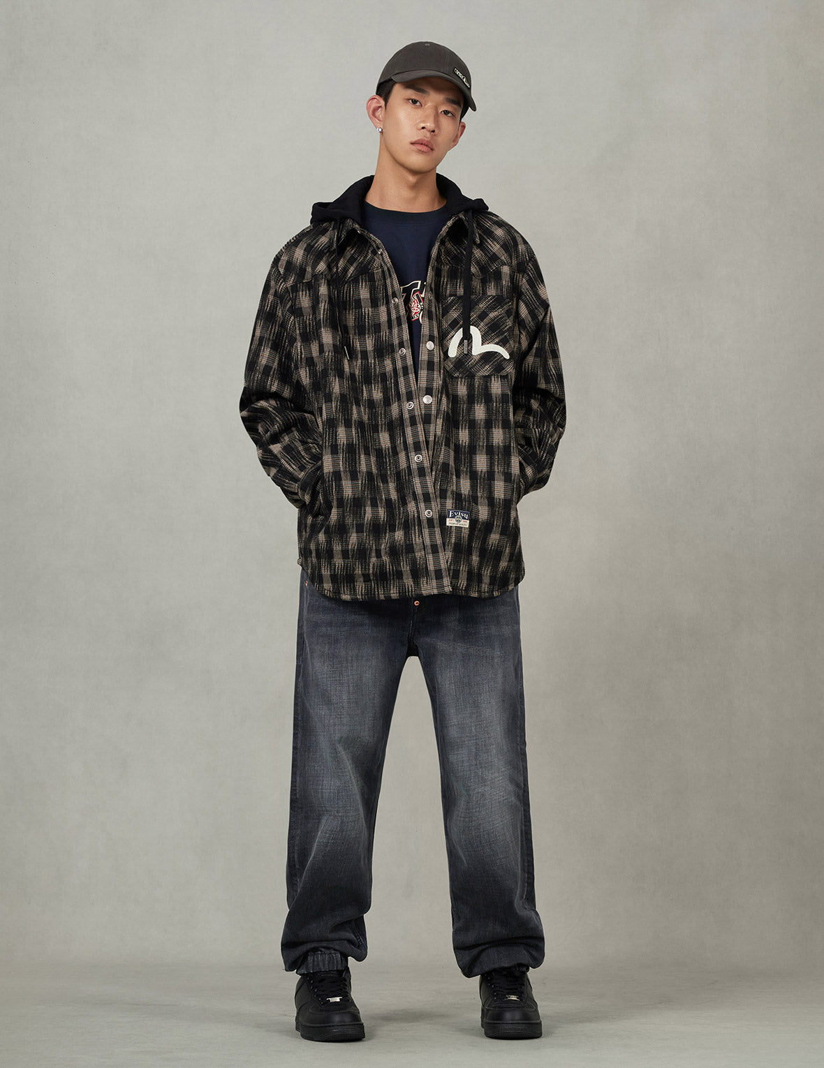 海鸥刺绣宽版休闲格纹衬衫连帽外套