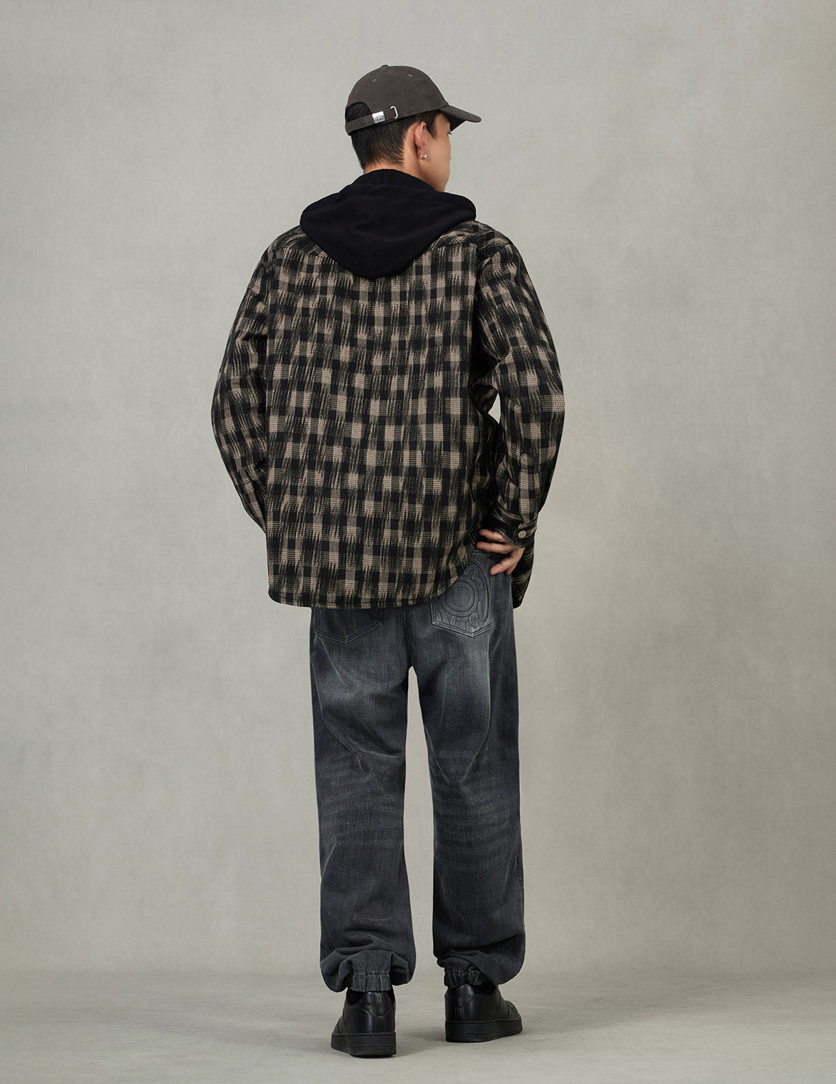 海鸥刺绣宽版休闲格纹衬衫连帽外套