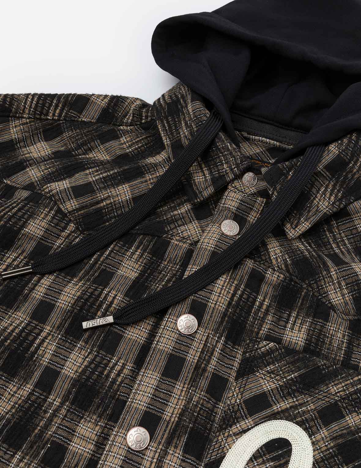 海鸥刺绣宽版休闲格纹衬衫连帽外套