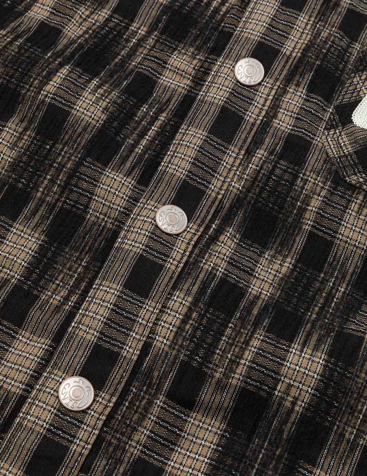 海鸥刺绣宽版休闲格纹衬衫连帽外套