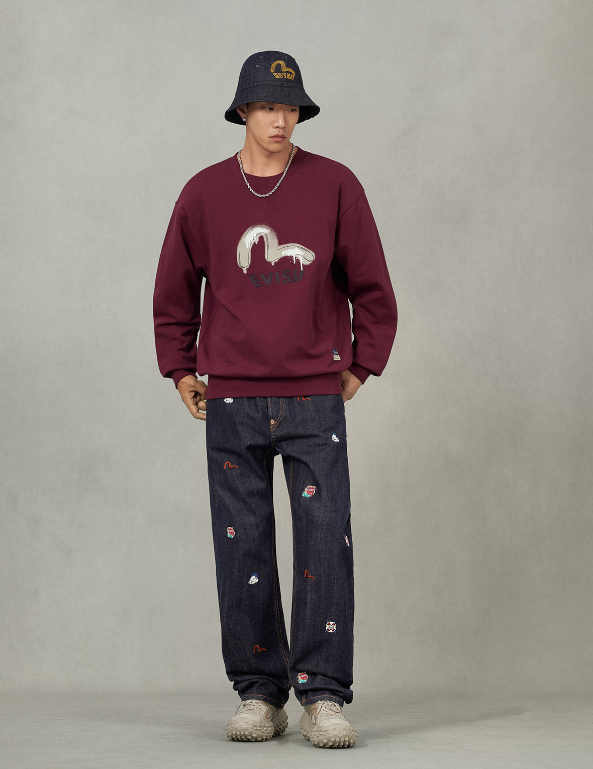 Graffiti Seagull Print and Sashiko Relax Fit Sweatshirt