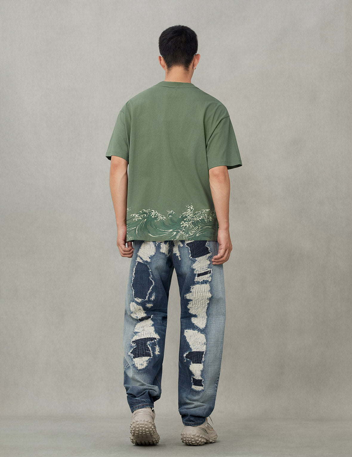 海浪和海鸥印花宽版休闲T恤