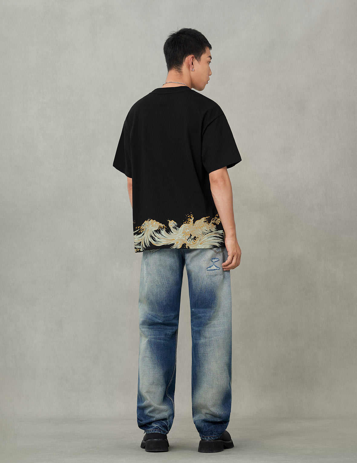 海浪和海鸥印花宽版休闲T恤