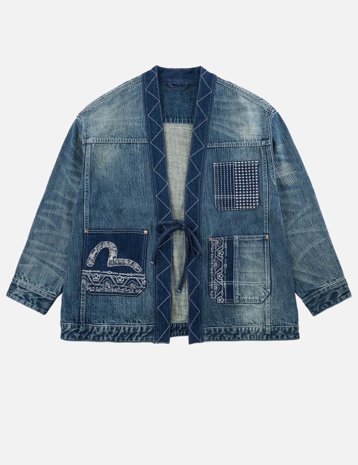褴褛刺绣丹宁和服外套