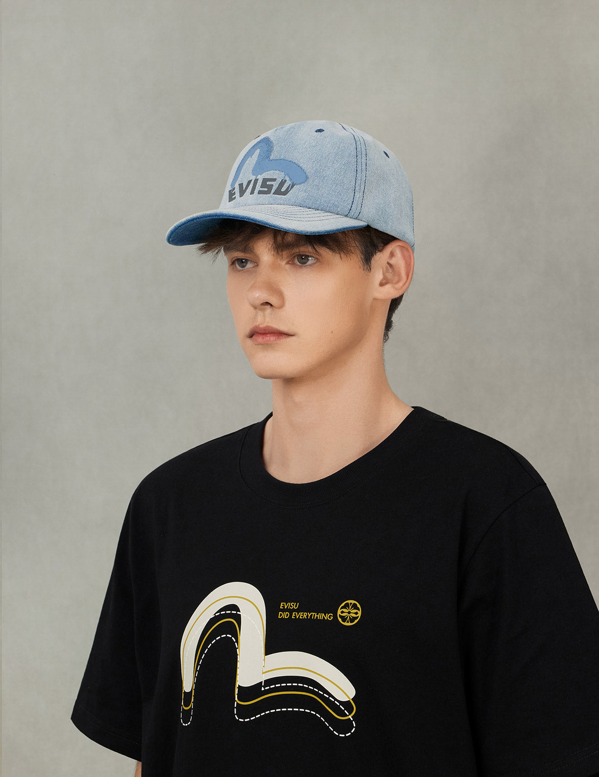 Graffiti Seagull and Logo Print Denim Cap