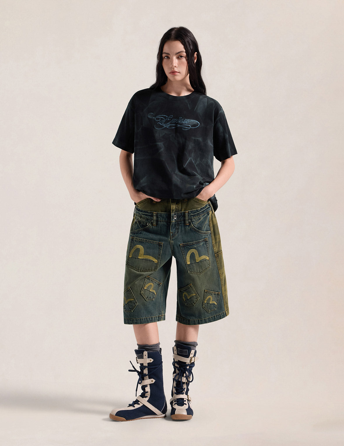 Layered Waistband Ishigaki Camouflage Denim Shorts