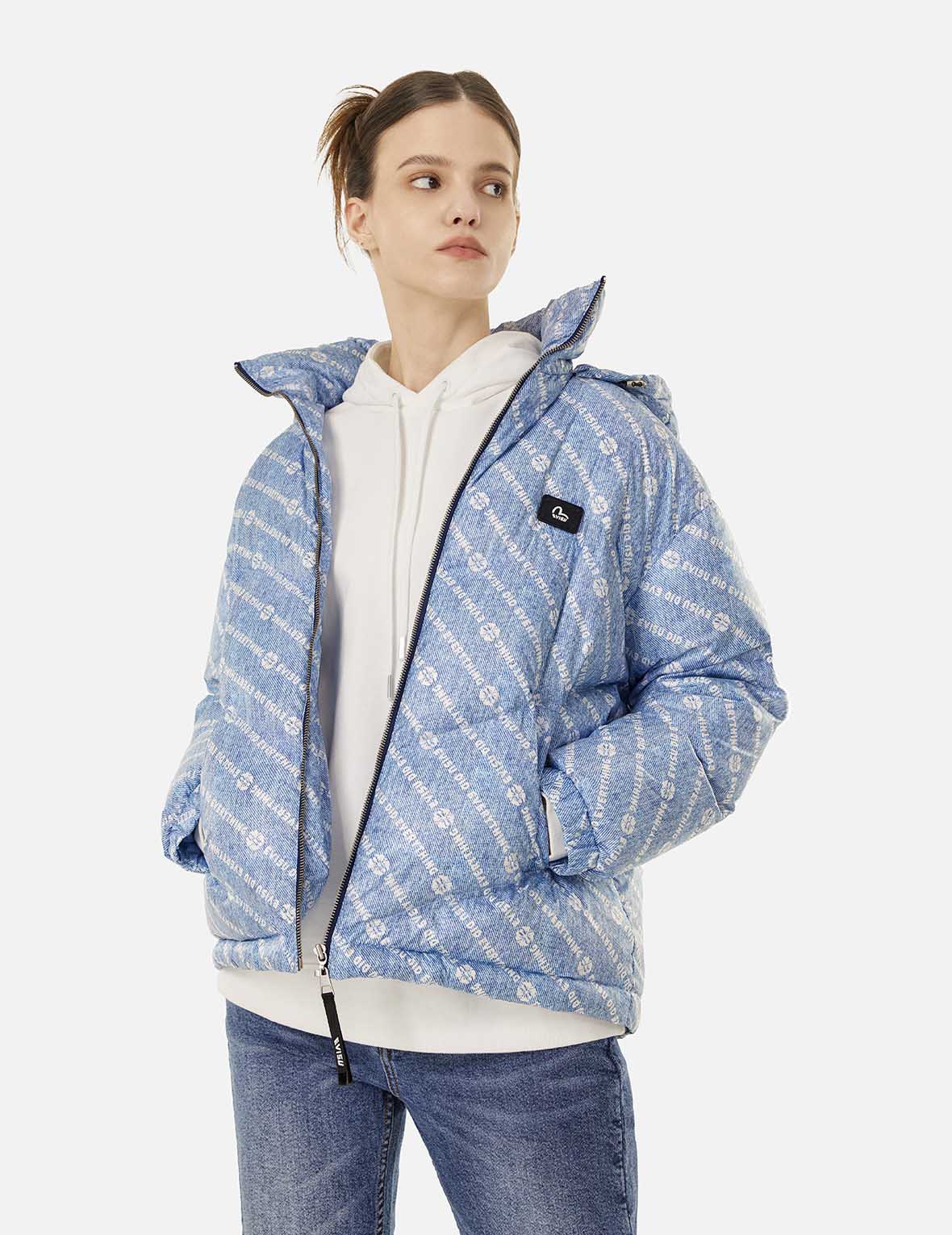 满地标语和家花印花可拆式连帽羽绒外套