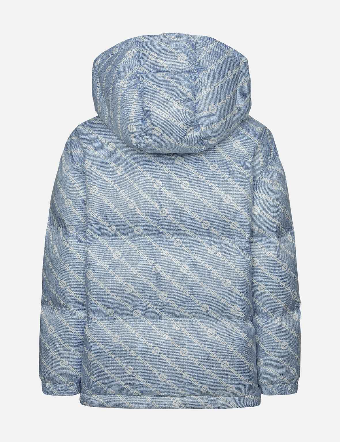 Allover Slogan and Kamon Print Fashion Fit Down Jacket with Detachable Hood
