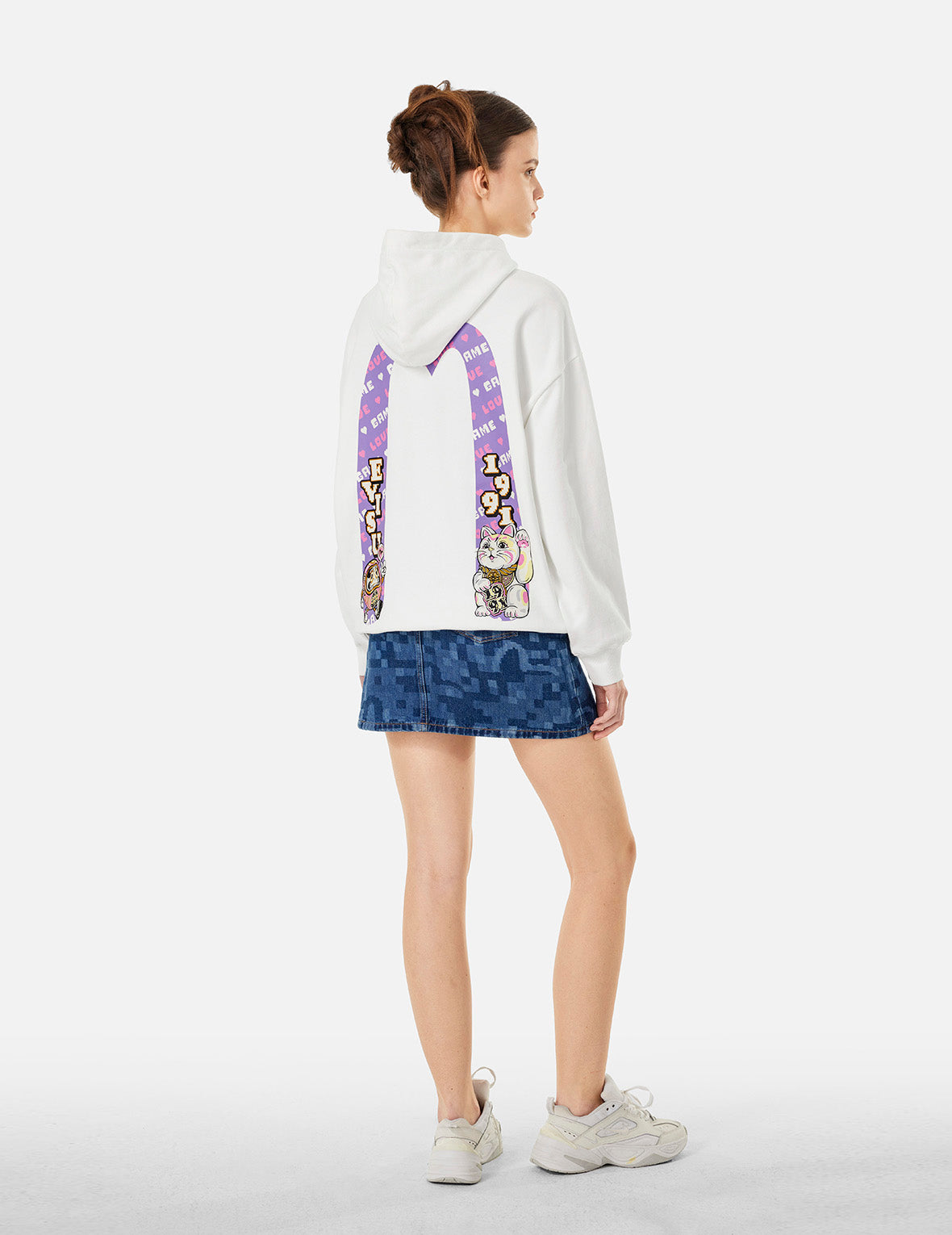 Logo and Fortune Cat Daicock Print Oversized Hoodie