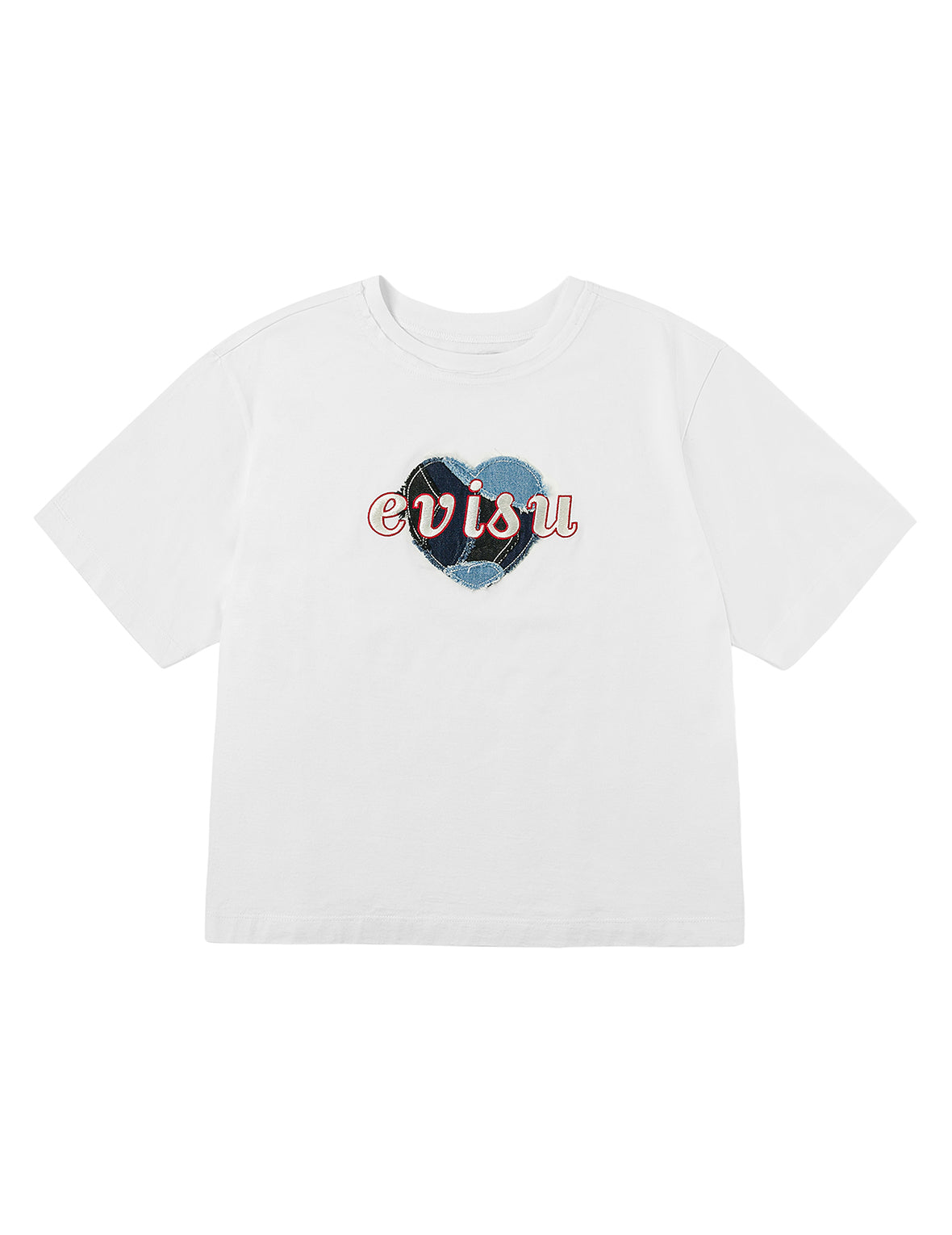 牛仔拼布爱心和商标刺绣落肩T恤