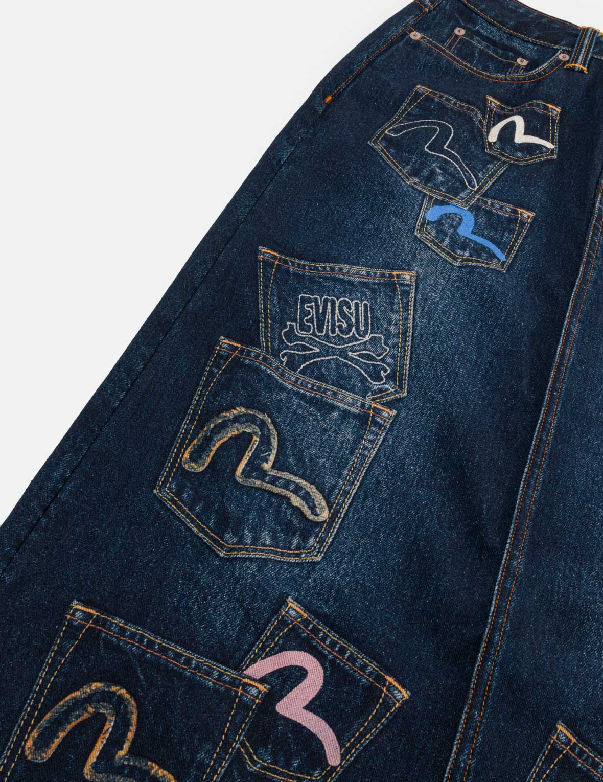 Multi-Pocket Seagull Denim Maxi Skirt