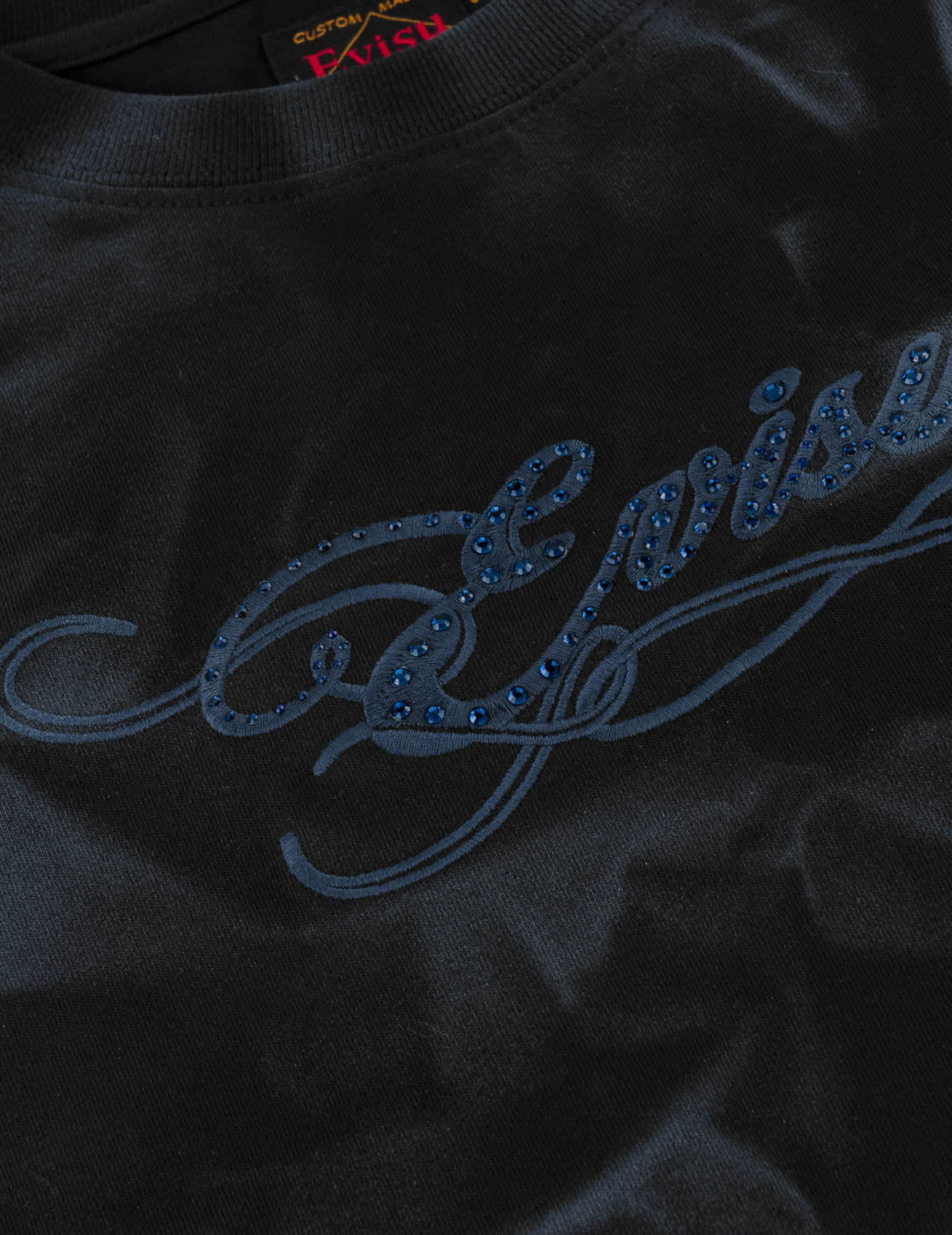 Rhinestone EVISU Logo Shirred T-Shirt