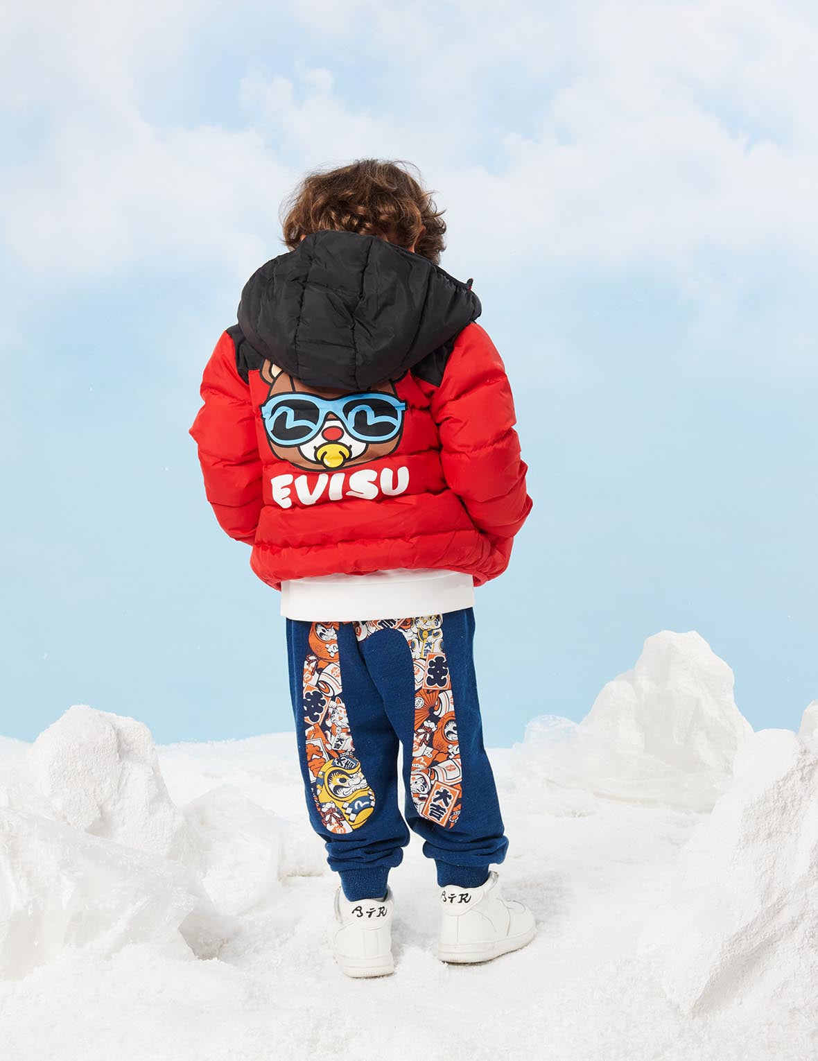 Bear Print Colorblock Down Jacket