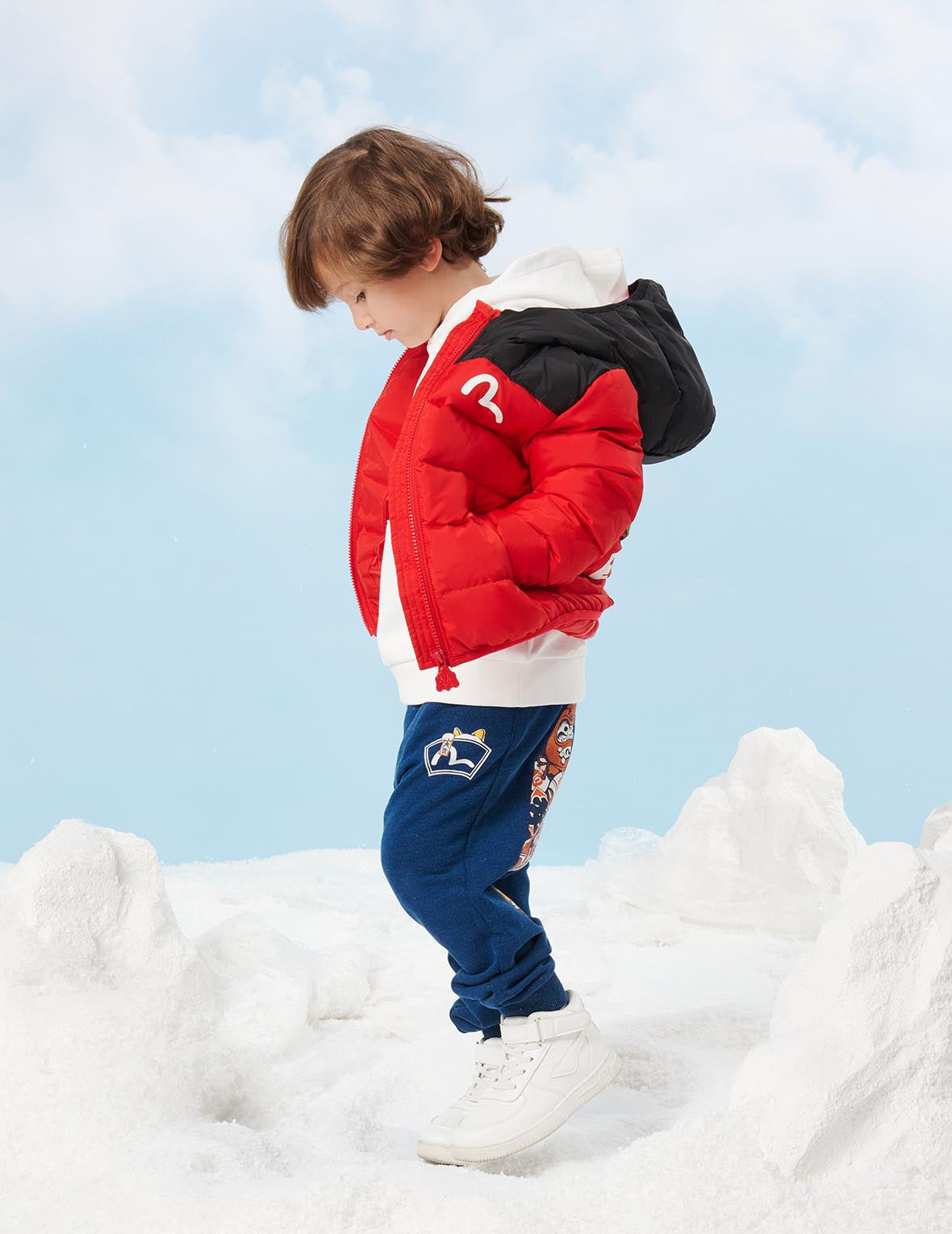 Bear Print Colorblock Down Jacket