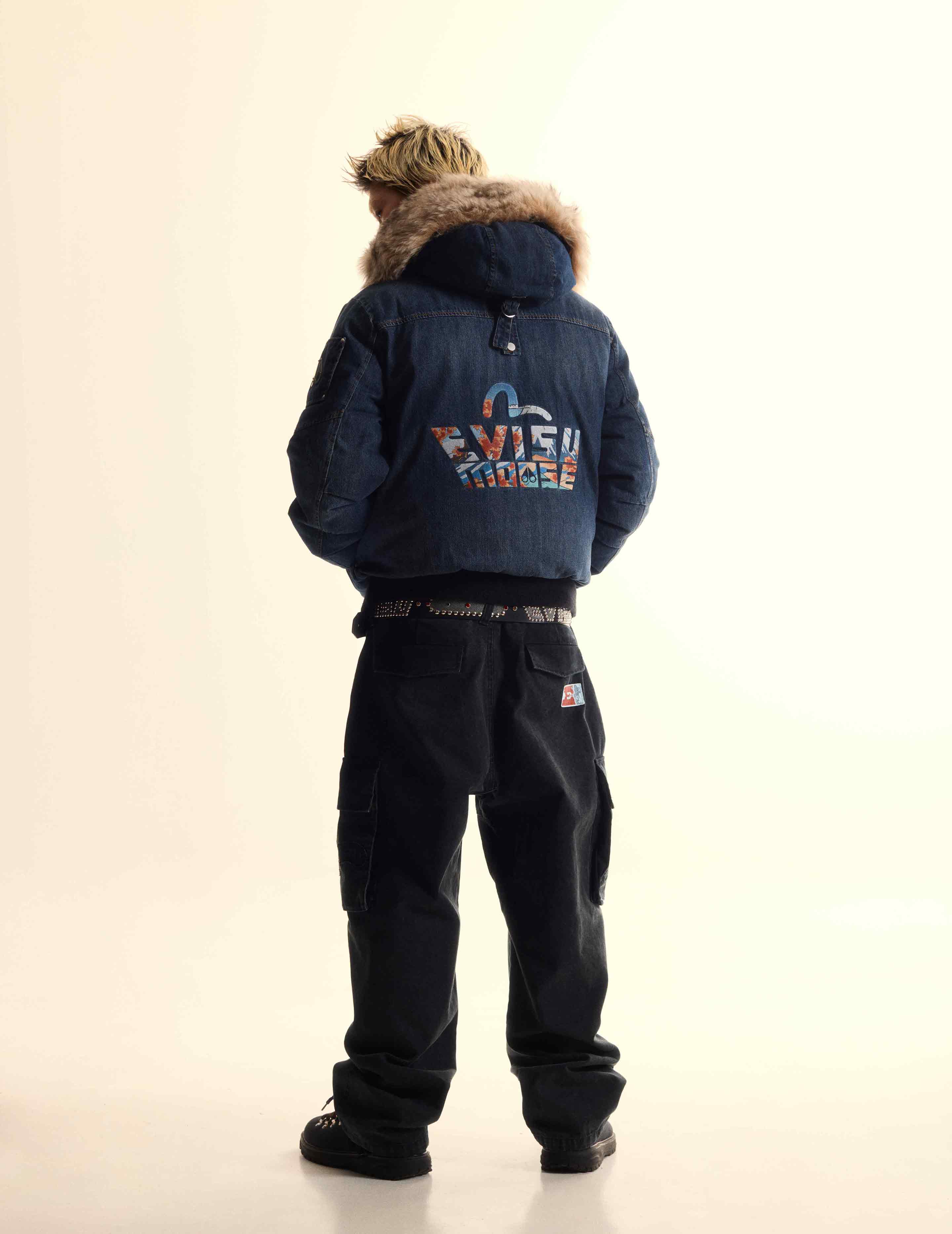 EVISU X MOOSE KNUCKLES Ukiyo-e Denim Bomber Down