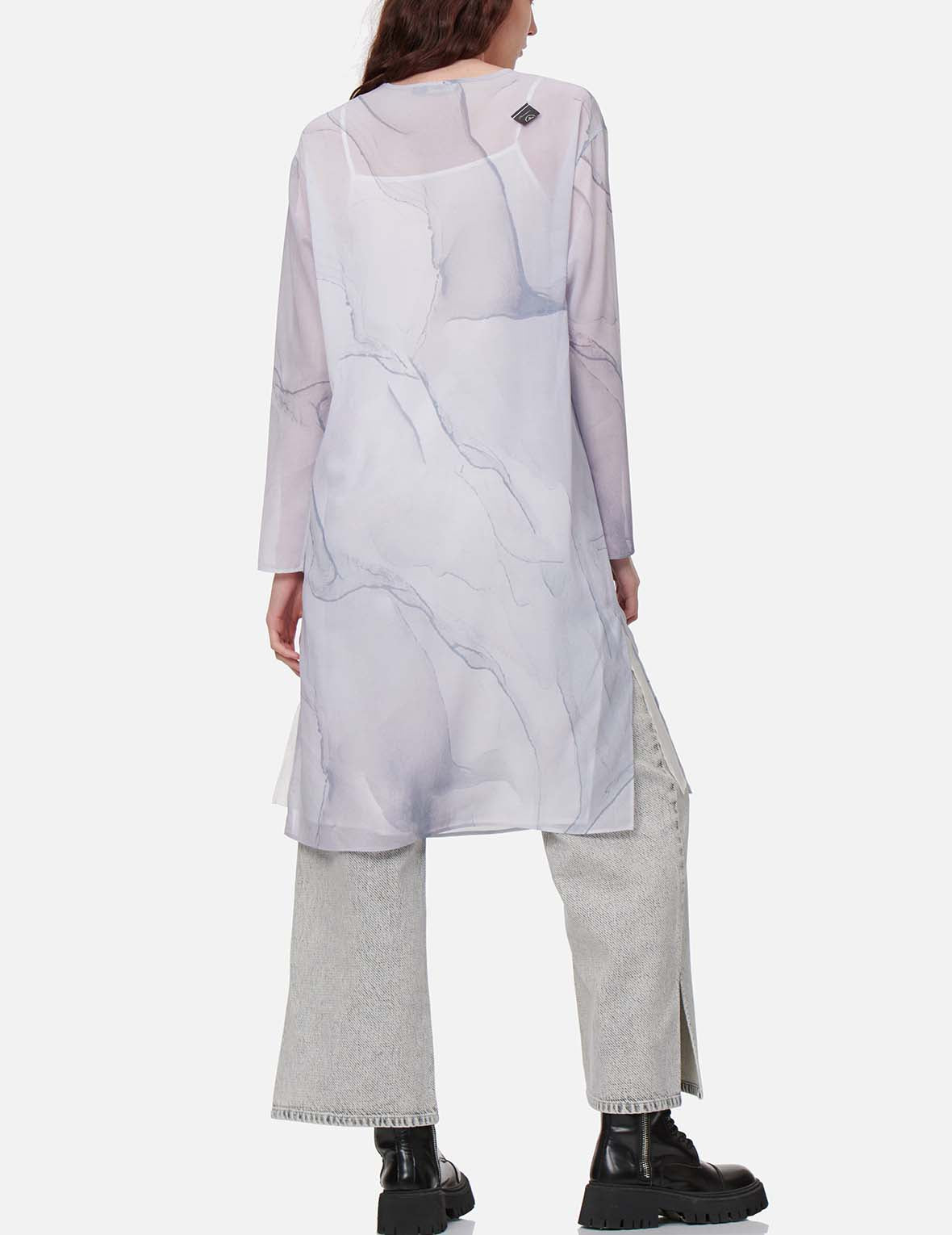 Marble-pattern Print Mesh Dress (with Inner Dress)