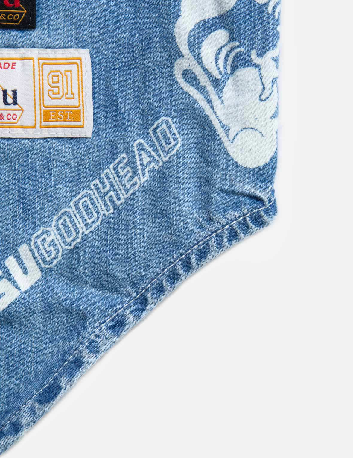 Allover Godhead and Logo Discharged Print Denim Shirt