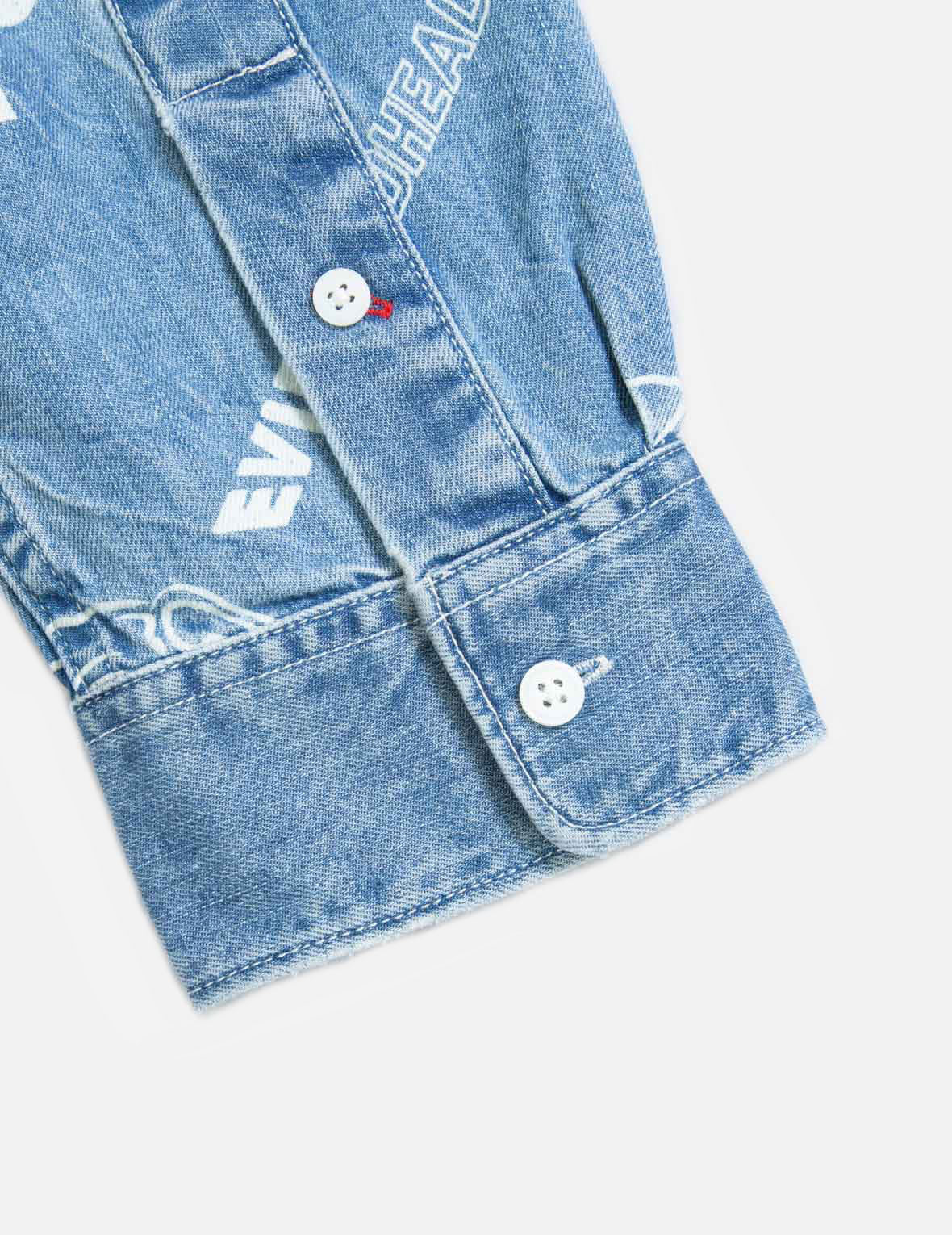 Allover Godhead and Logo Discharged Print Denim Shirt