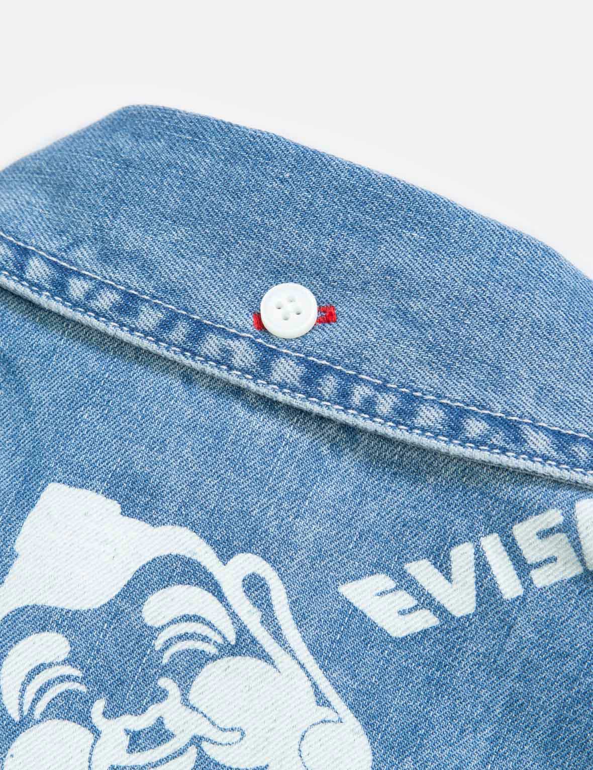 Allover Godhead and Logo Discharged Print Denim Shirt